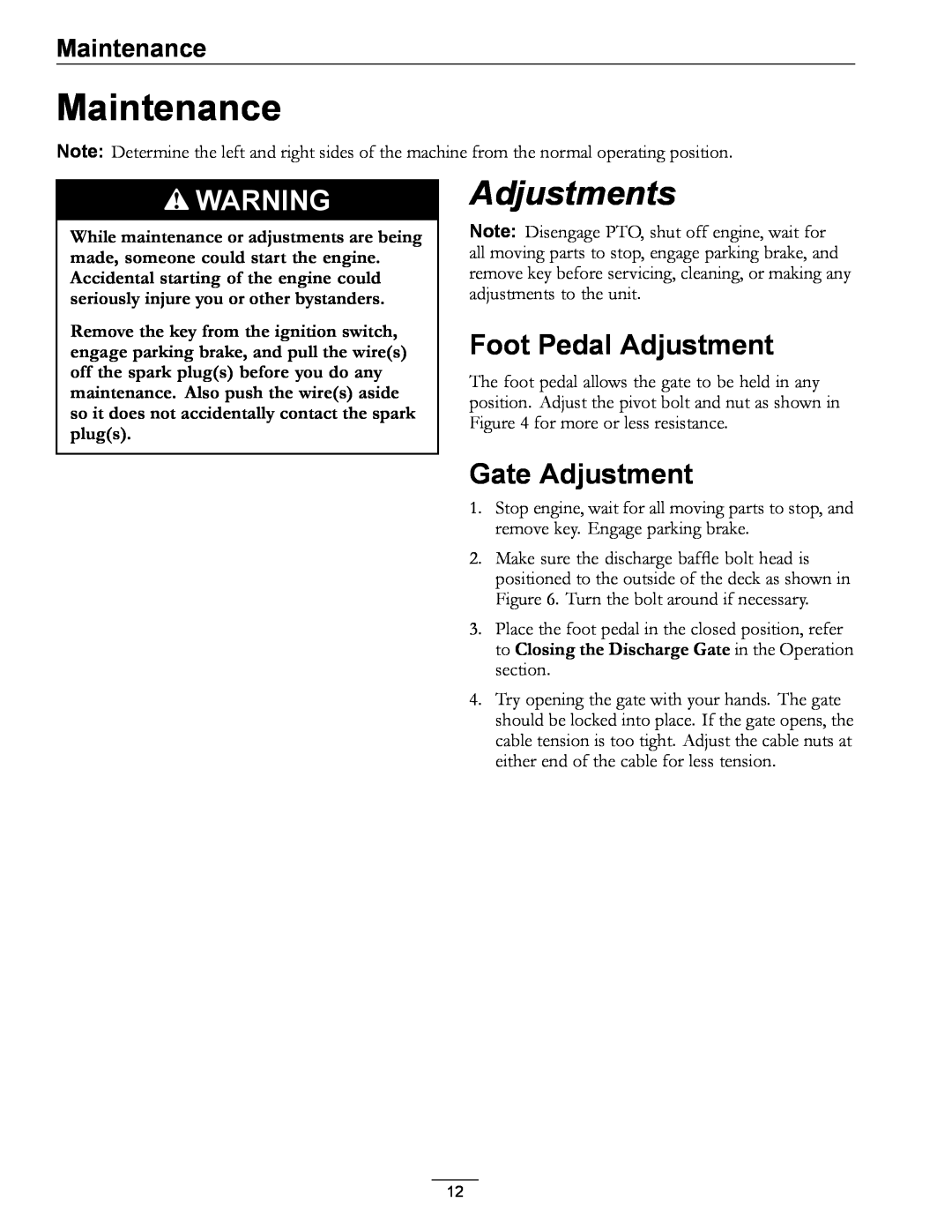 Exmark OCD02 manual Maintenance, Foot Pedal Adjustment, Gate Adjustment, Adjustments 