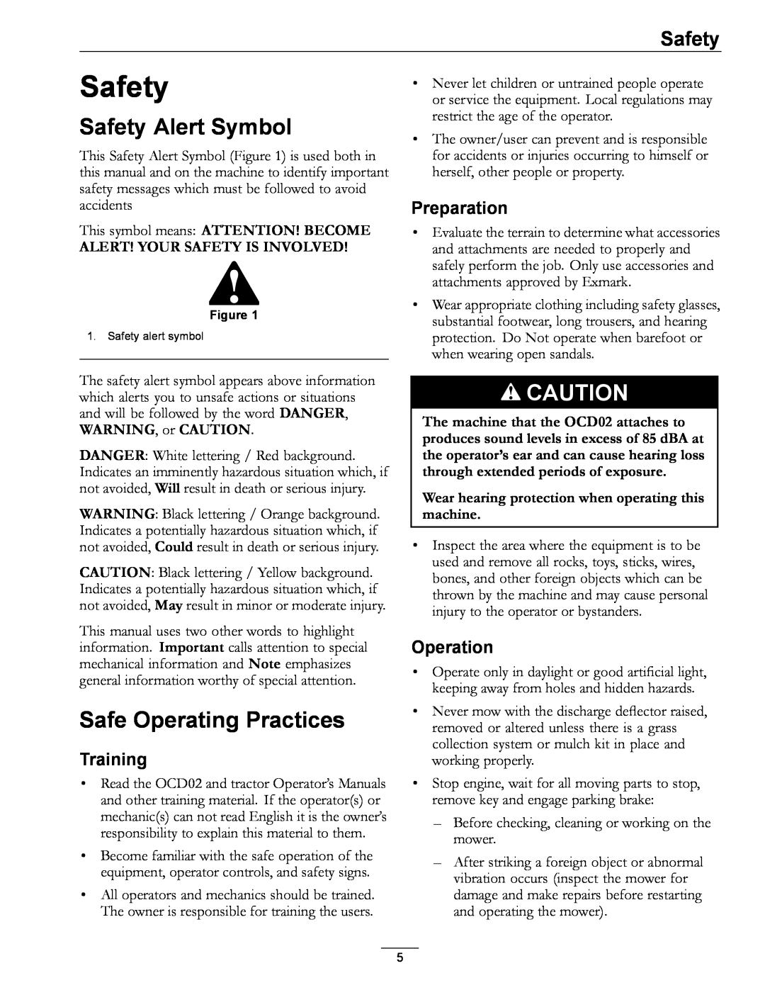 Exmark OCD02 manual Safety Alert Symbol, Safe Operating Practices, Training, Preparation, Operation 