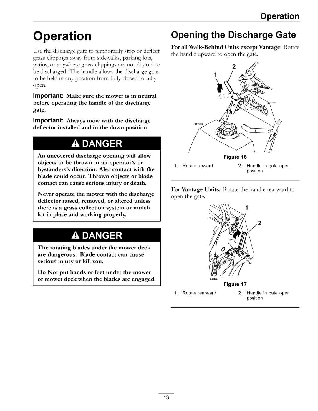 Exmark OCDWB01 manual Operation, Opening the Discharge Gate, For all Walk-Behind Units except Vantage Rotate 