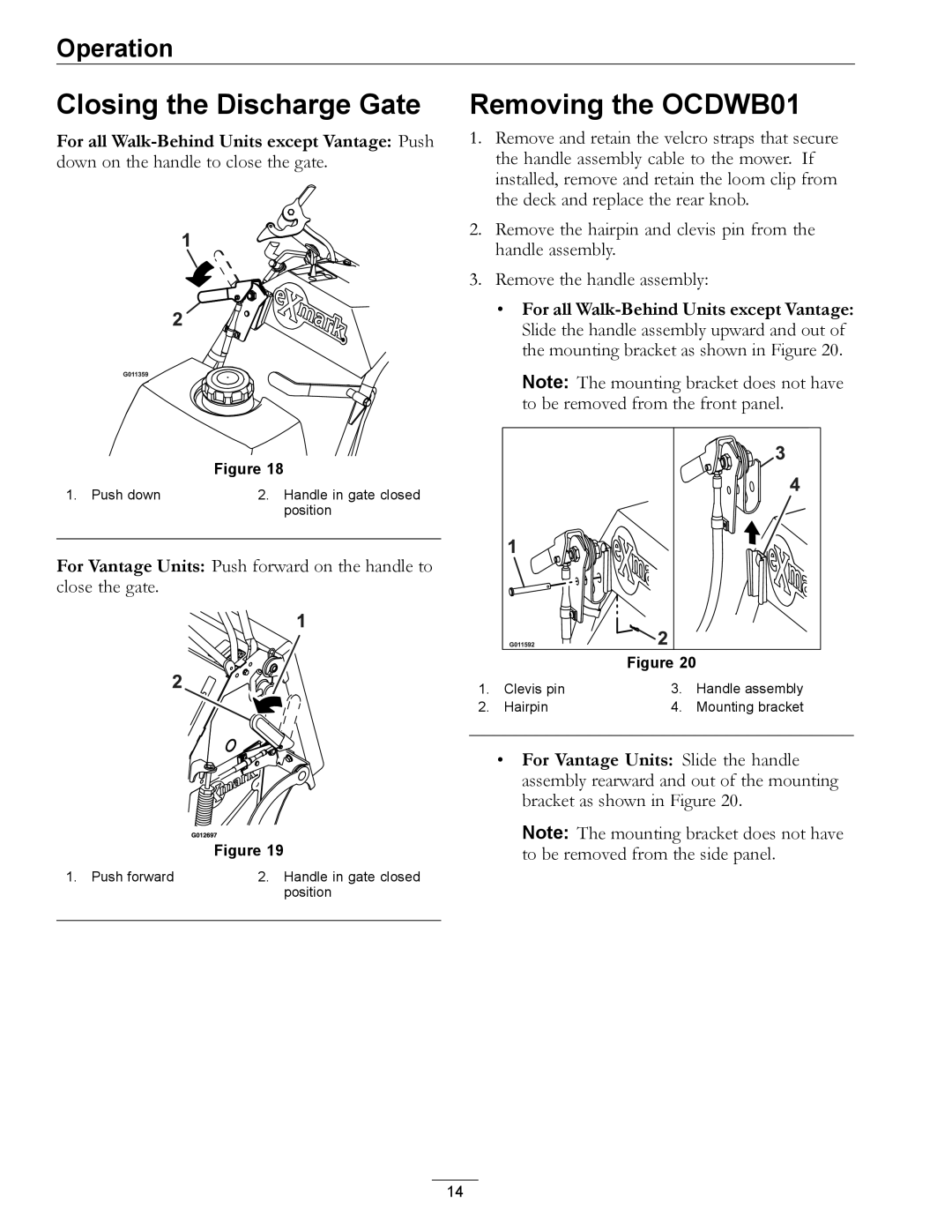 Exmark manual Closing the Discharge Gate, Removing the OCDWB01, For all Walk-Behind Units except Vantage Push 