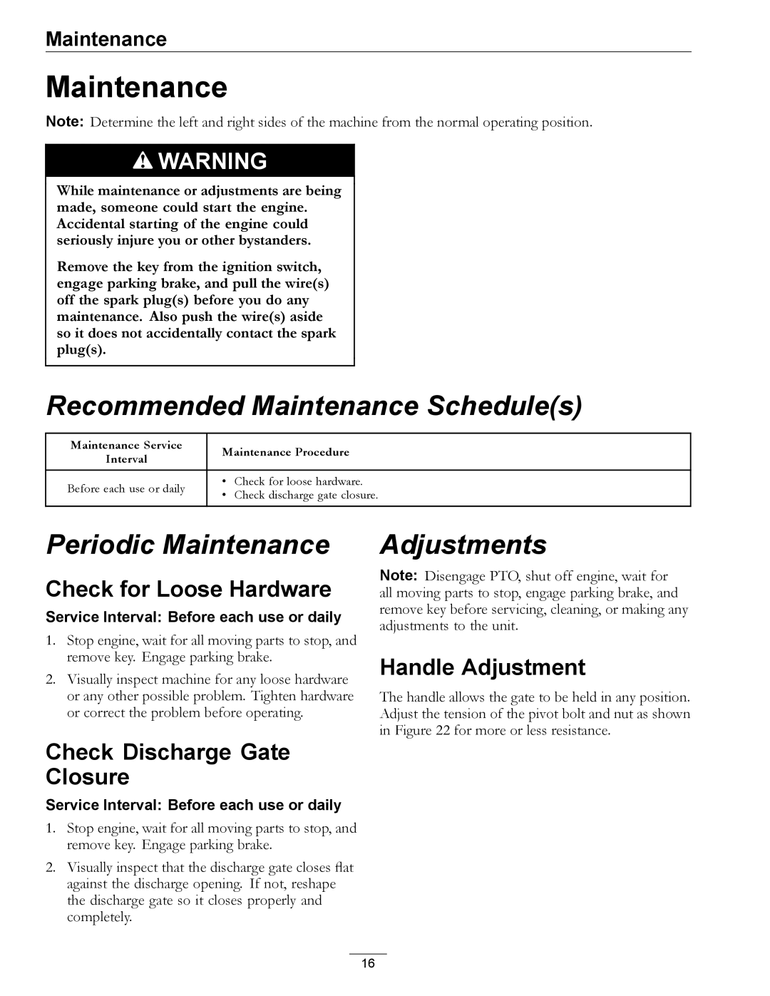 Exmark OCDWB01 manual Maintenance, Check for Loose Hardware, Check Discharge Gate Closure, Handle Adjustment 