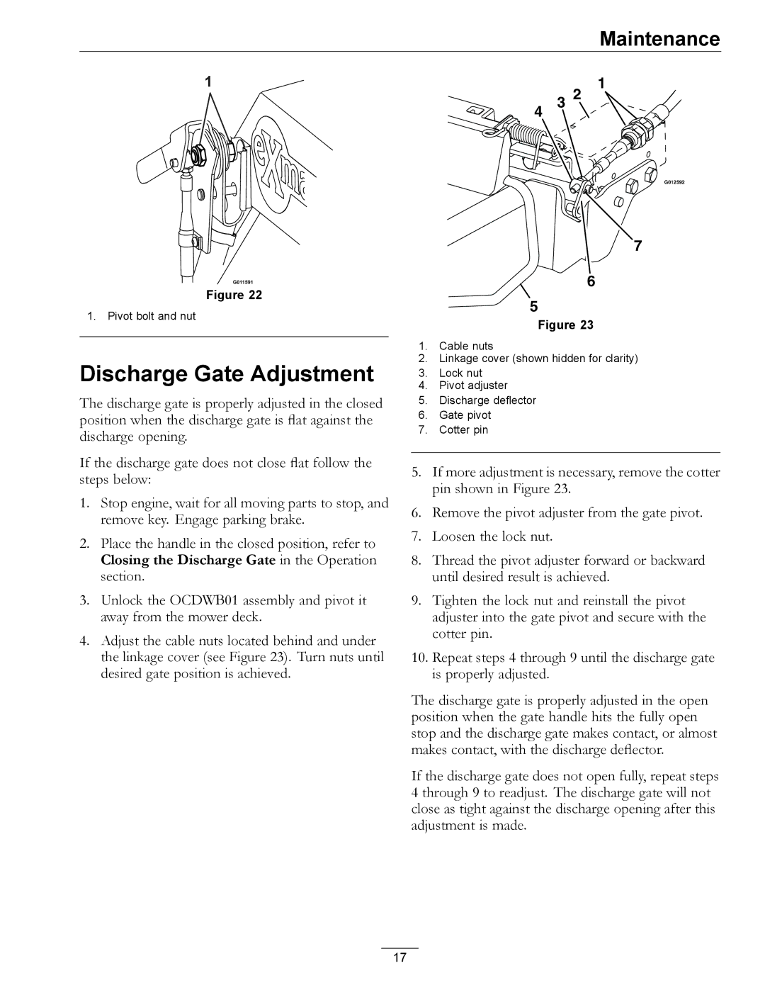 Exmark OCDWB01 manual Discharge Gate Adjustment 