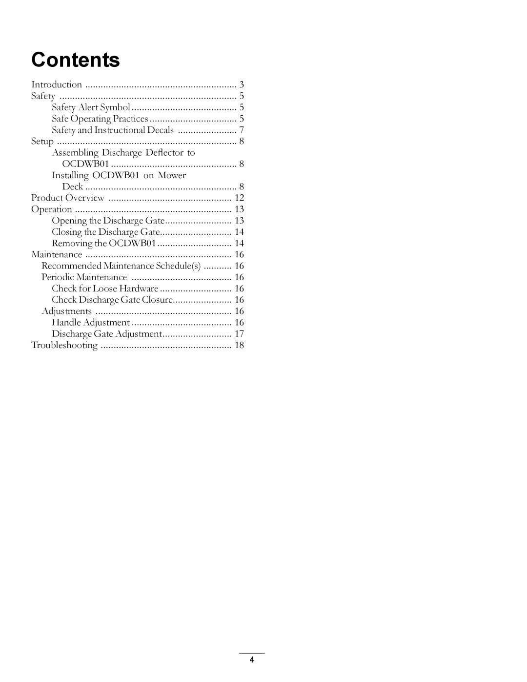 Exmark OCDWB01 manual Contents 