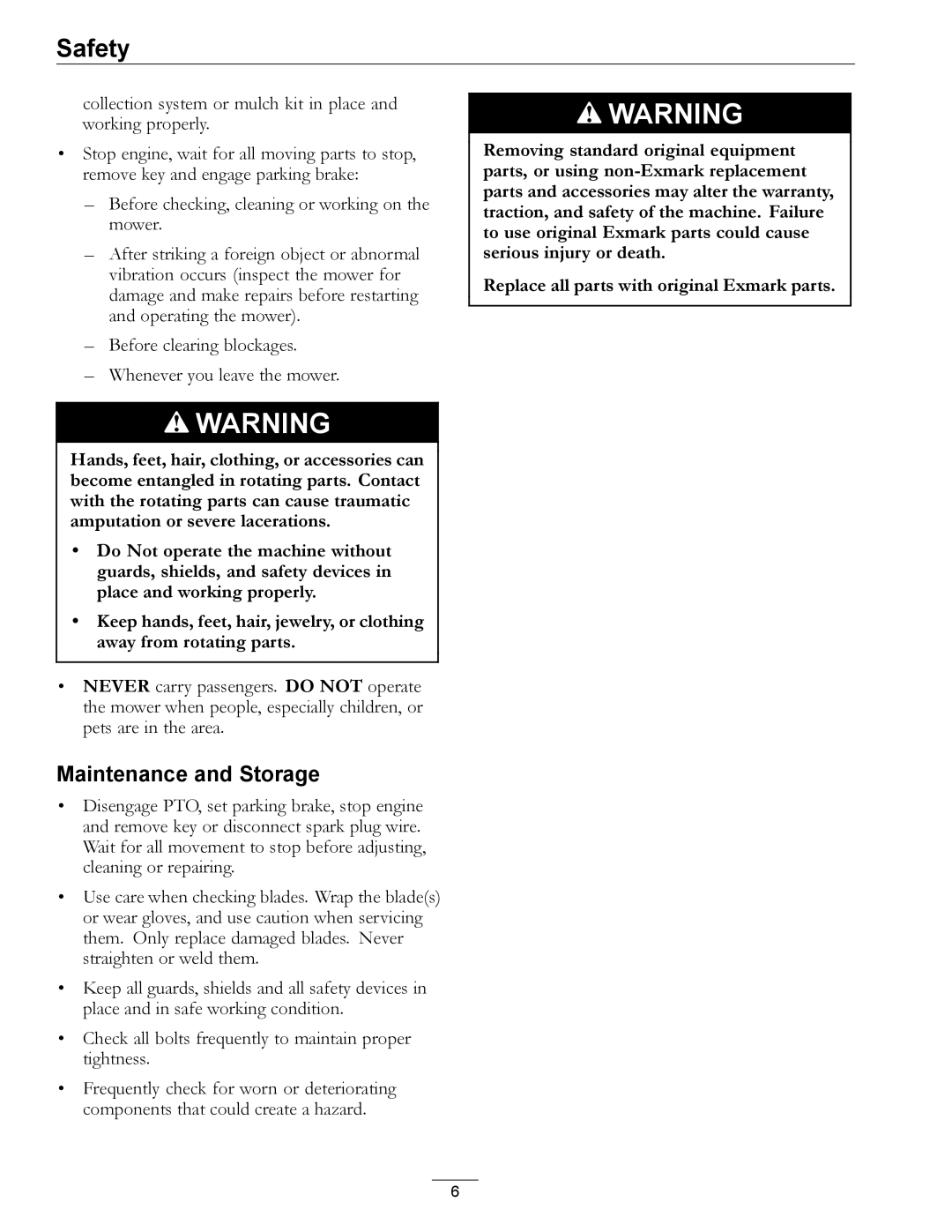 Exmark OCDWB01 manual Maintenance and Storage 