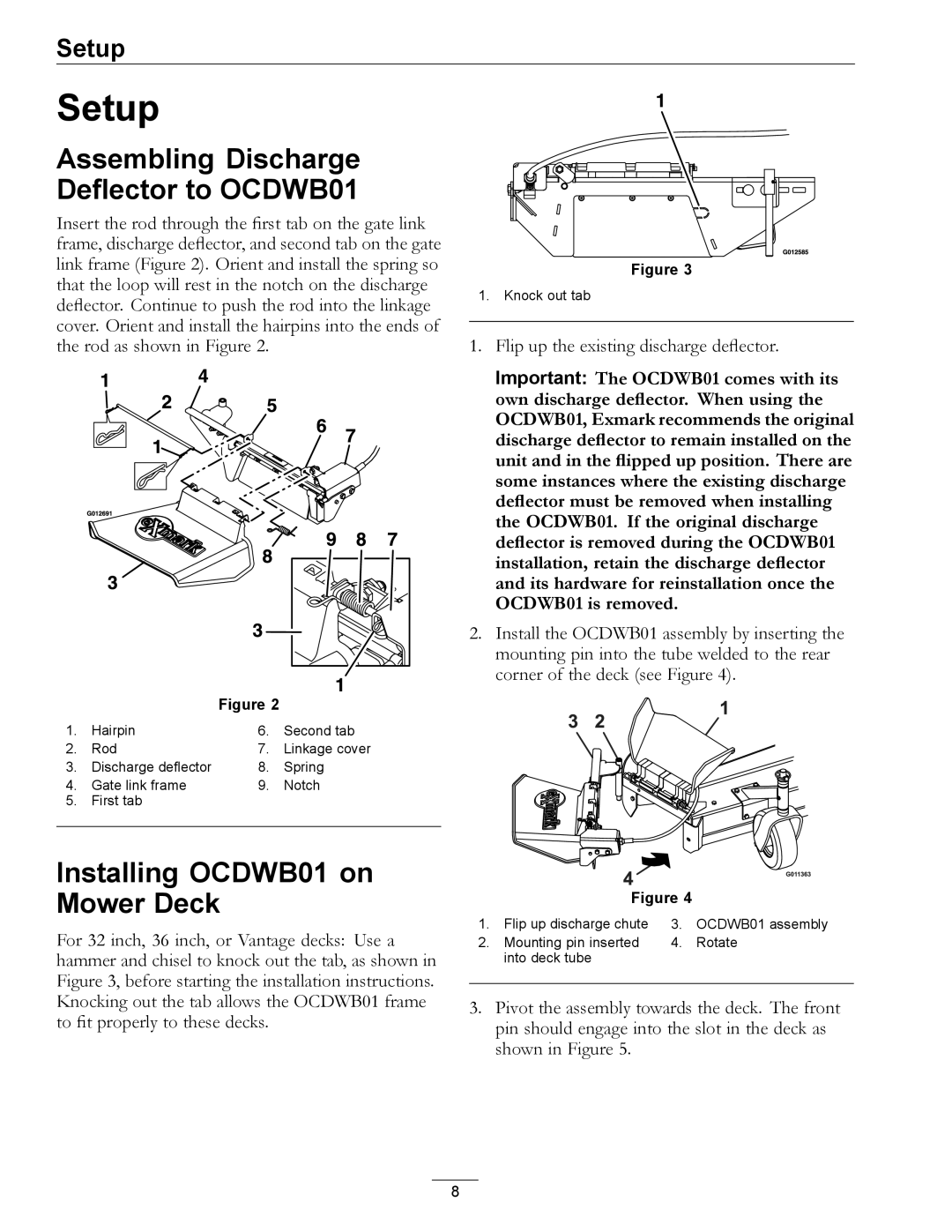 Exmark manual Setup, Assembling Discharge Deflector to OCDWB01, Installing OCDWB01 on Mower Deck 