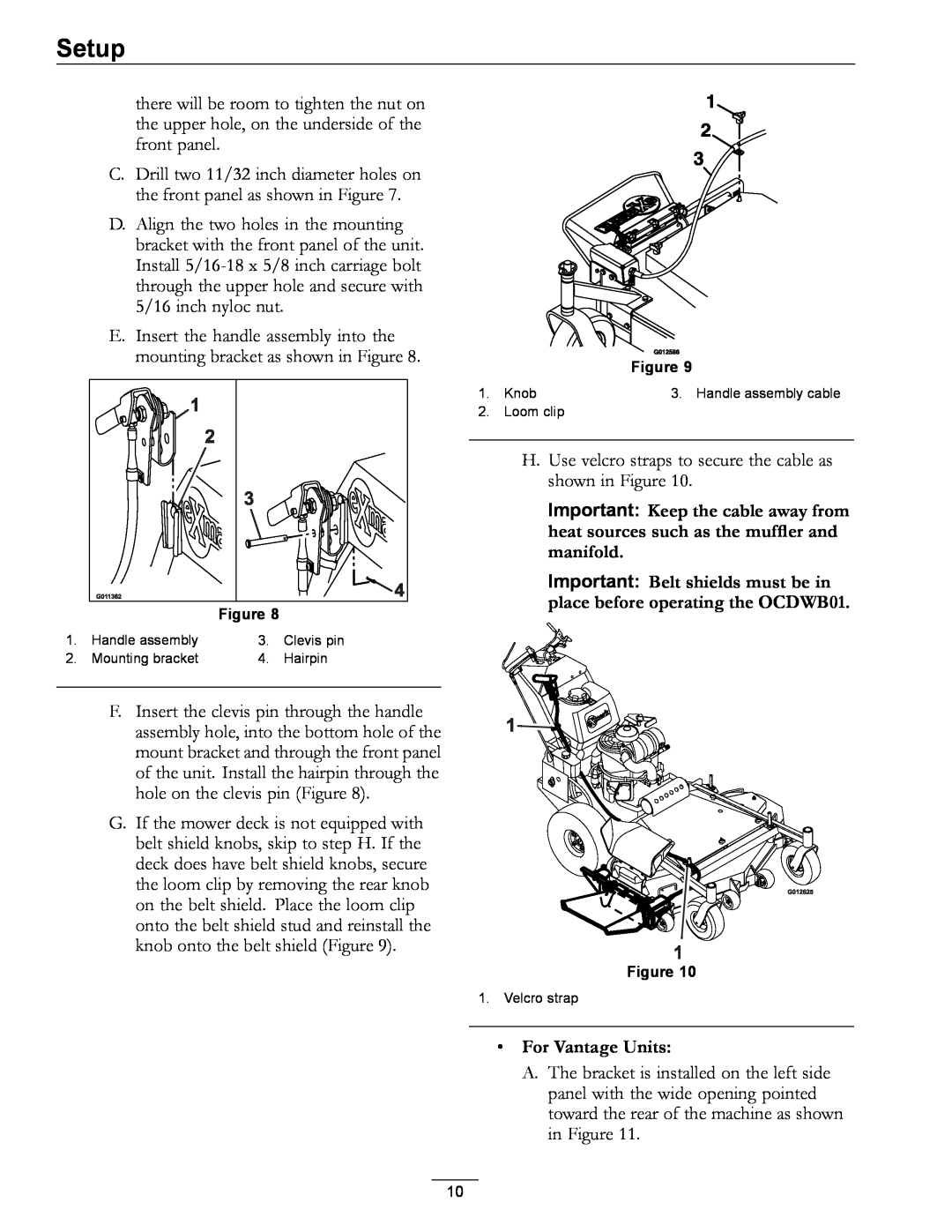 Exmark OCDWB01 manual For Vantage Units, Setup 