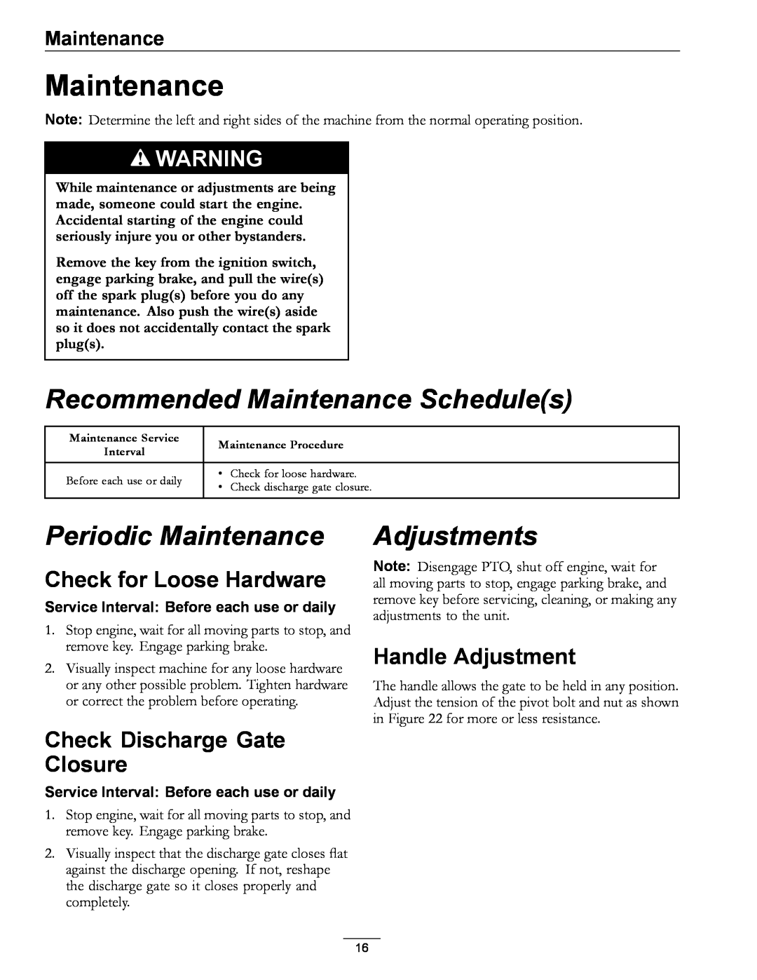 Exmark OCDWB01 manual Maintenance, Check for Loose Hardware, Check Discharge Gate Closure, Handle Adjustment, Adjustments 