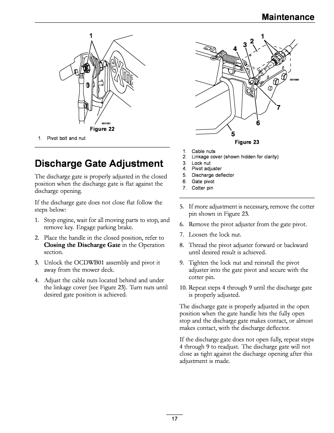 Exmark OCDWB01 manual Discharge Gate Adjustment, Maintenance, Pivot bolt and nut 