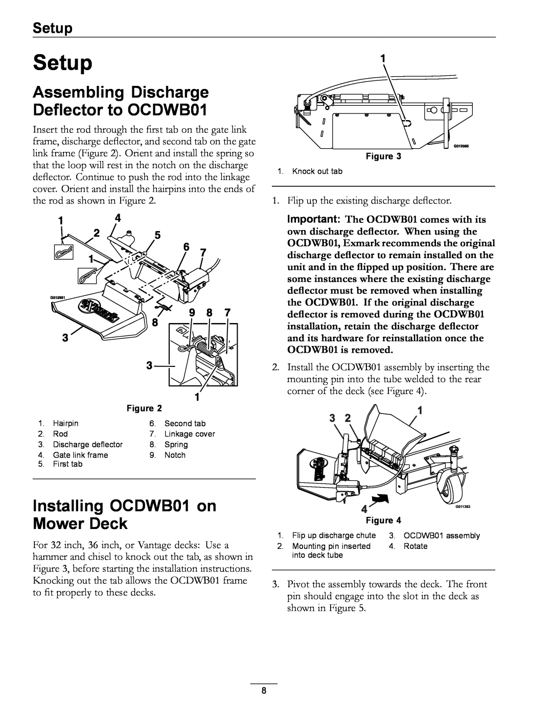Exmark manual Setup, Assembling Discharge Deflector to OCDWB01, Installing OCDWB01 on Mower Deck 