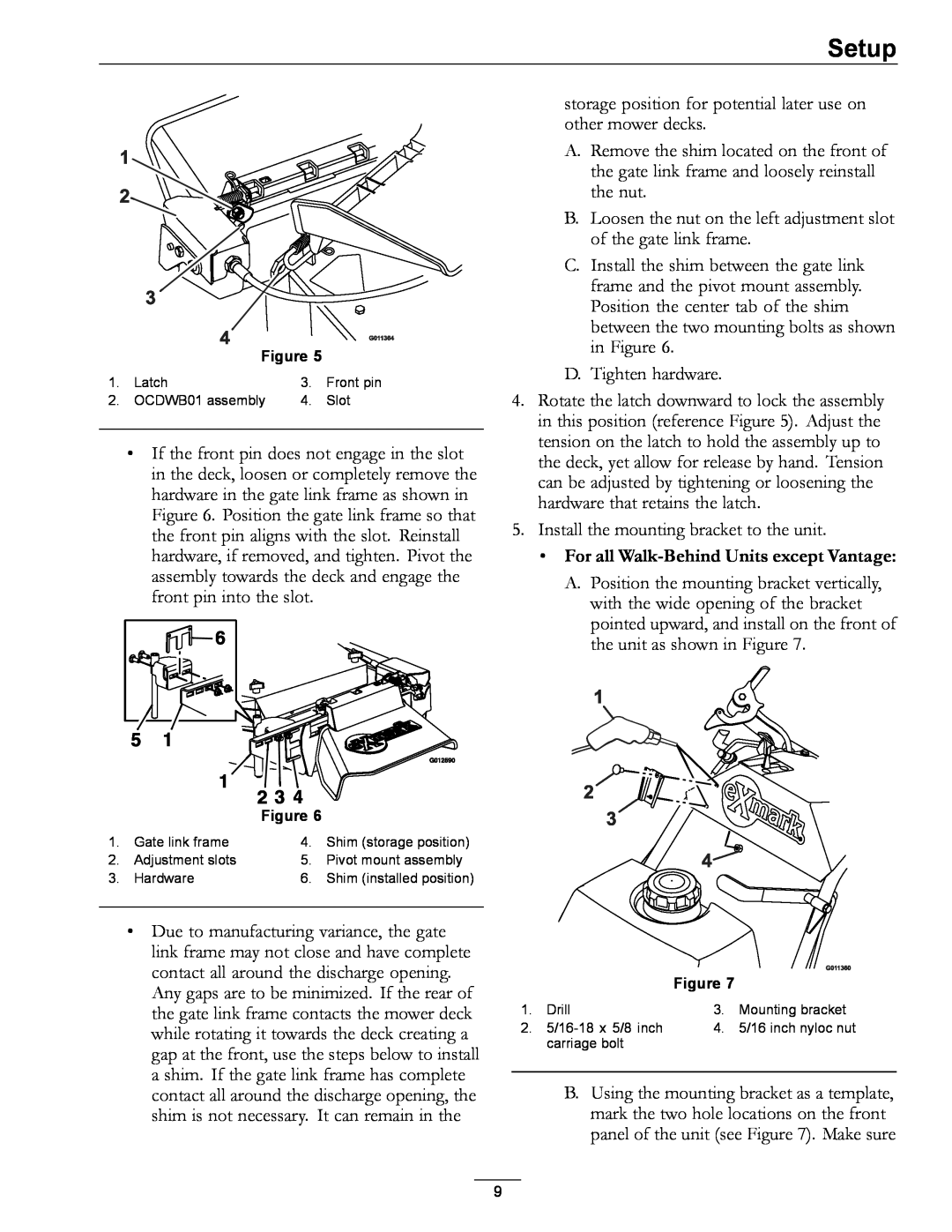 Exmark OCDWB01 manual For all Walk-Behind Units except Vantage, Setup, D. Tighten hardware 