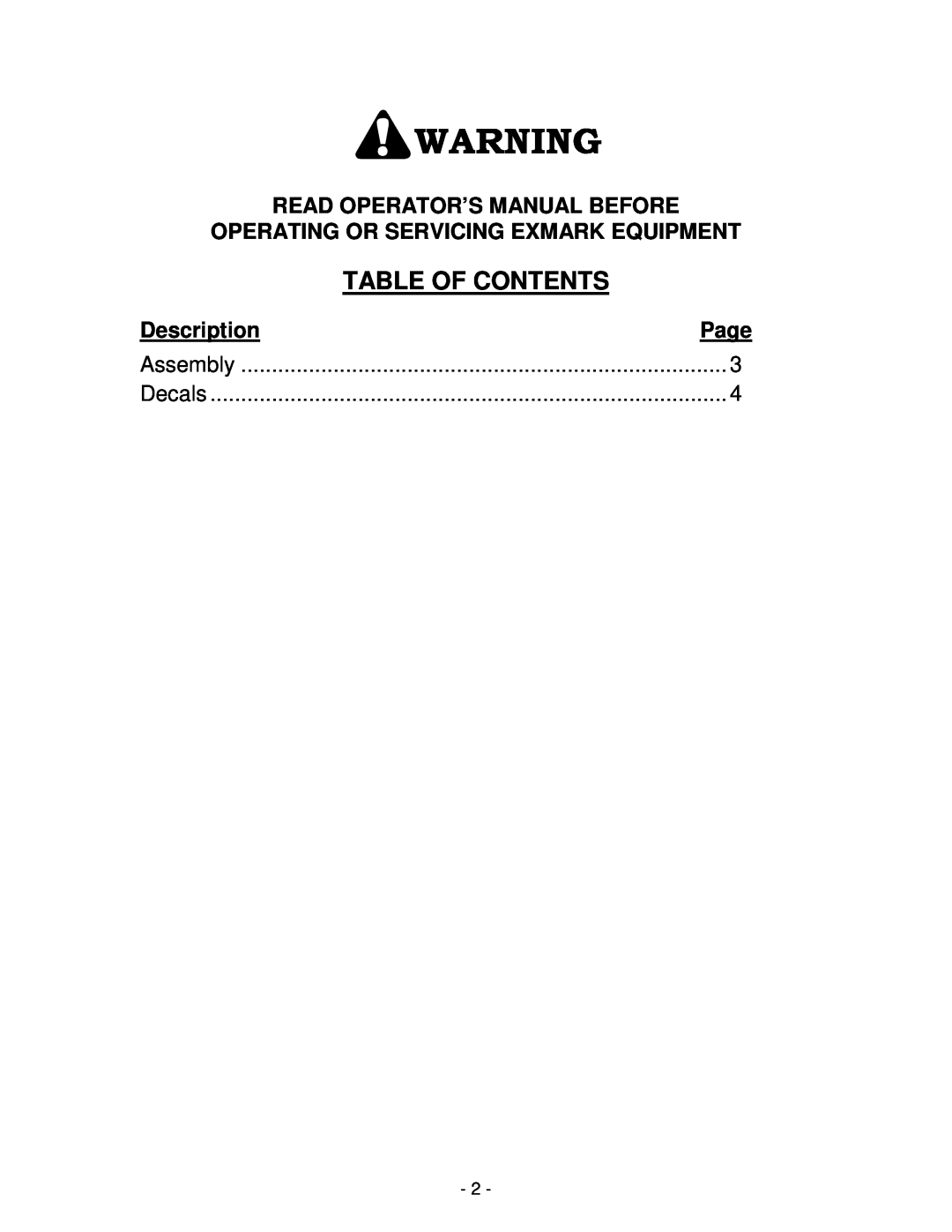 Exmark OCDWB01 Read Operator’S Manual Before, Operating Or Servicing Exmark Equipment, Description, Page, Assembly, Decals 