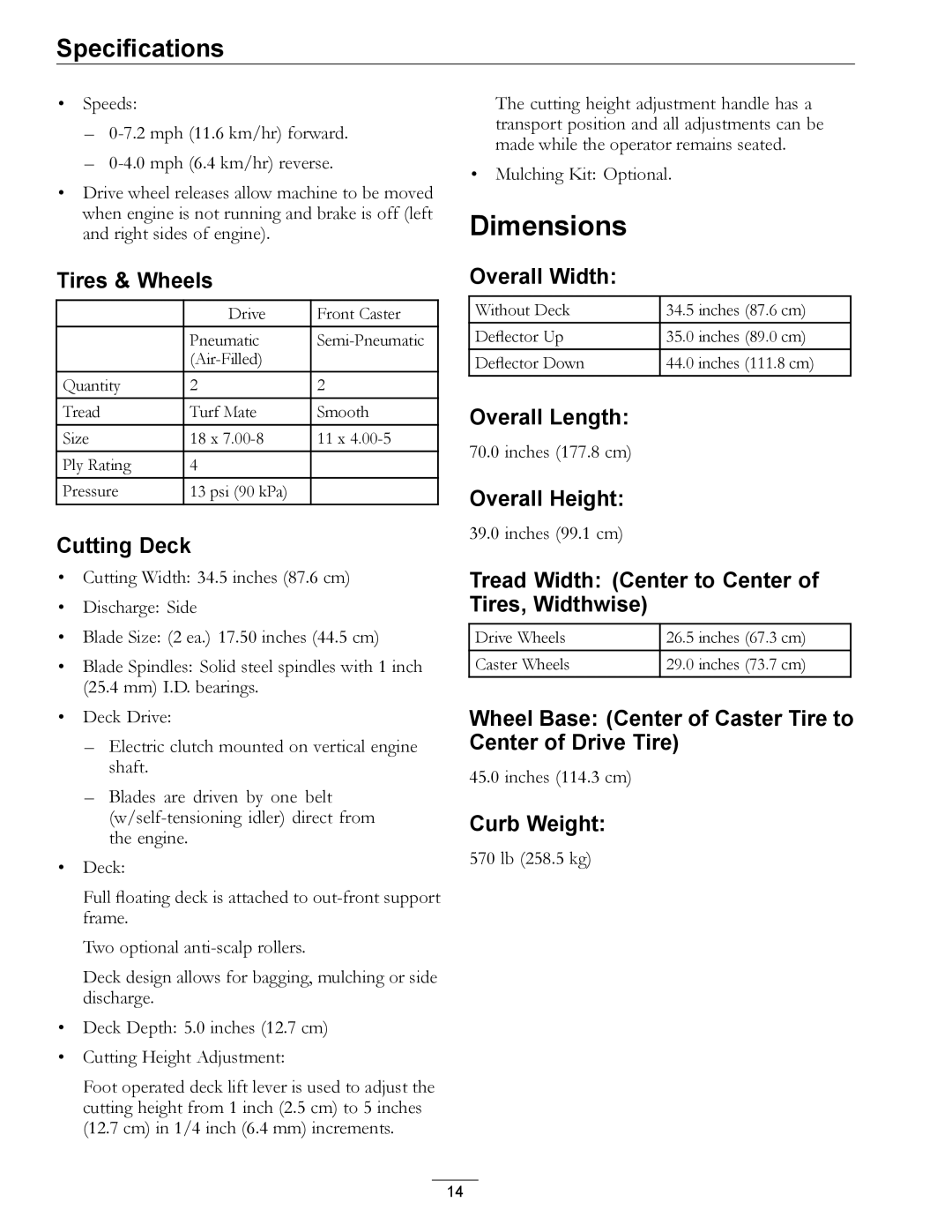 Exmark Phazer manual Dimensions 