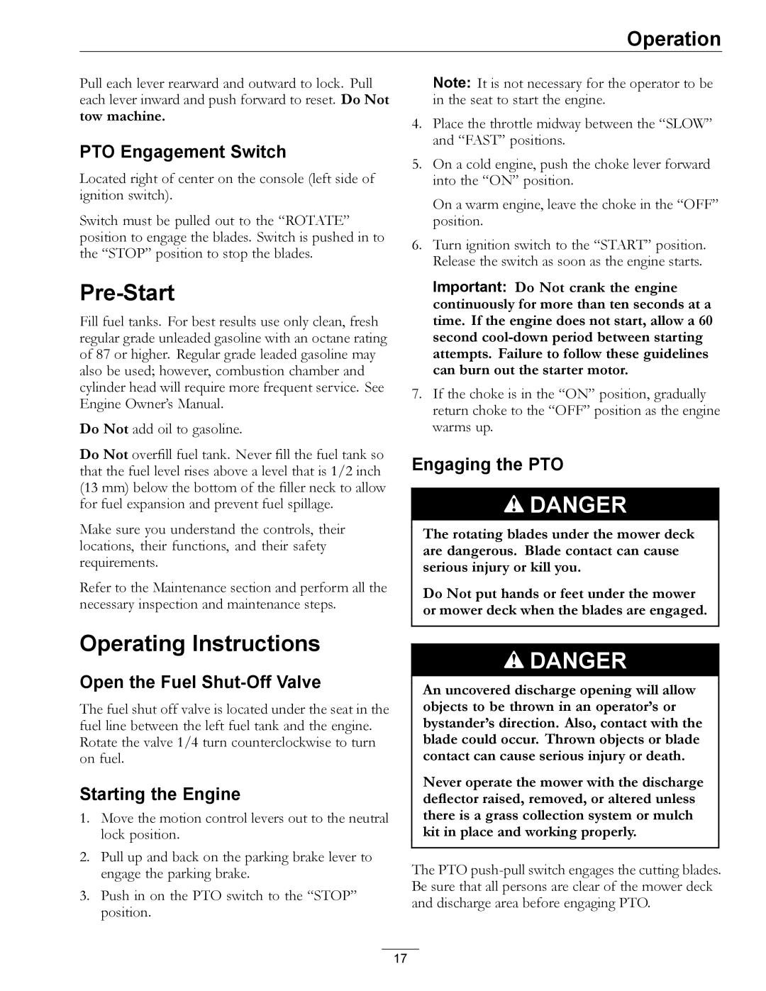 Exmark Phazer manual Pre-Start, Operating Instructions 