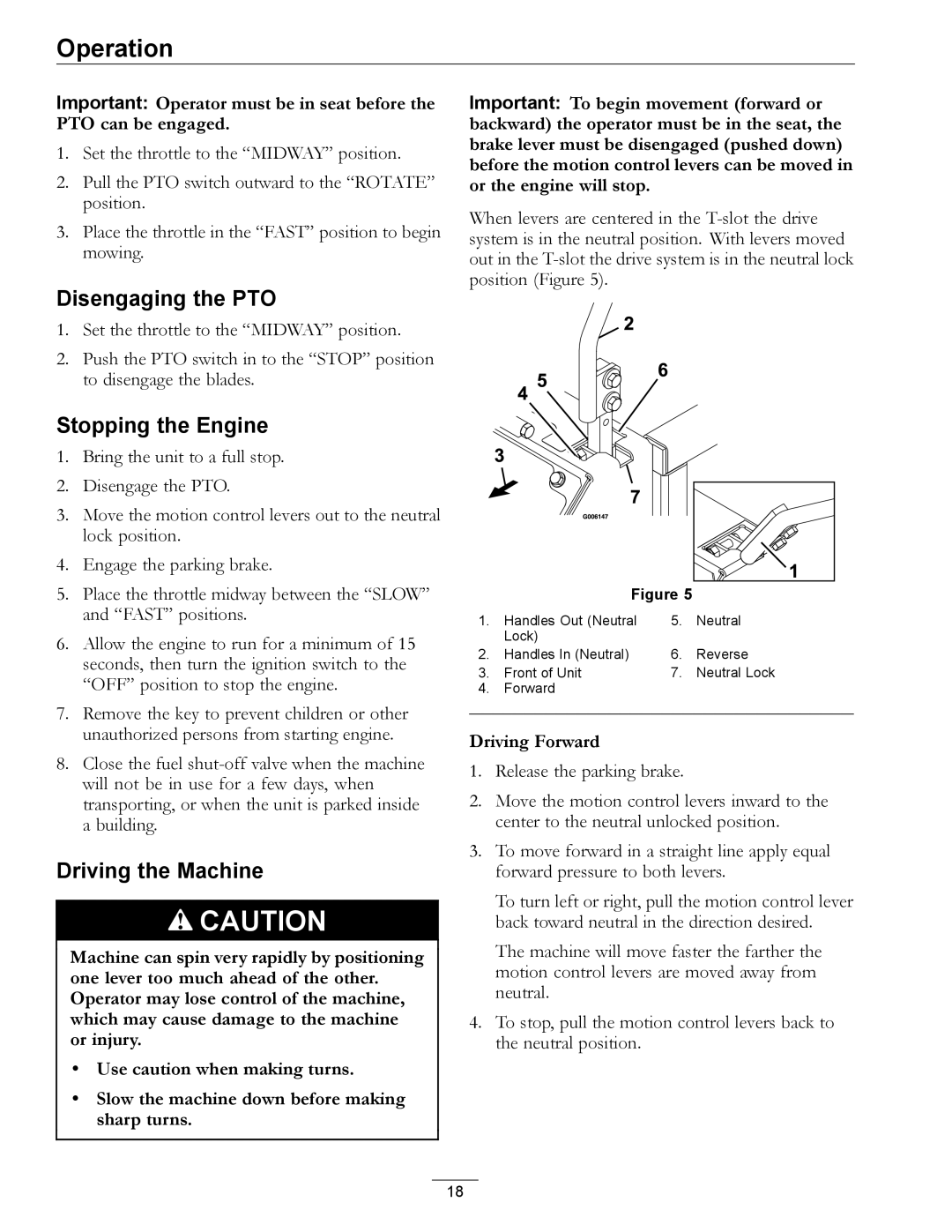 Exmark Phazer manual Disengaging the PTO, Stopping the Engine, Driving the Machine 