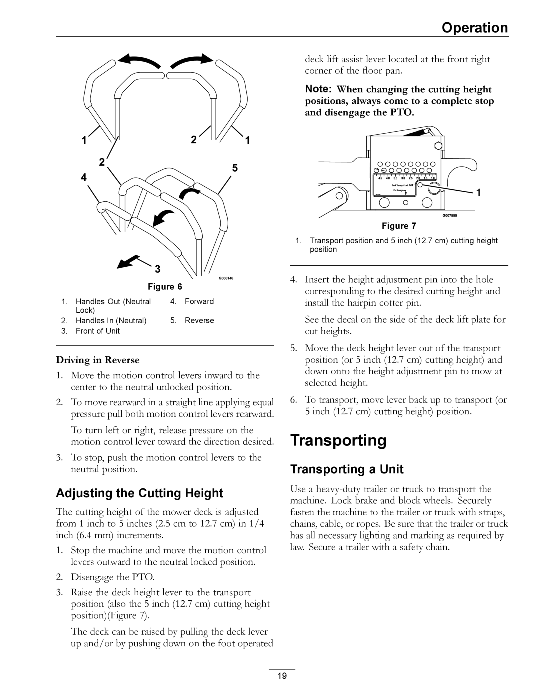 Exmark Phazer manual Adjusting the Cutting Height, Transporting a Unit 