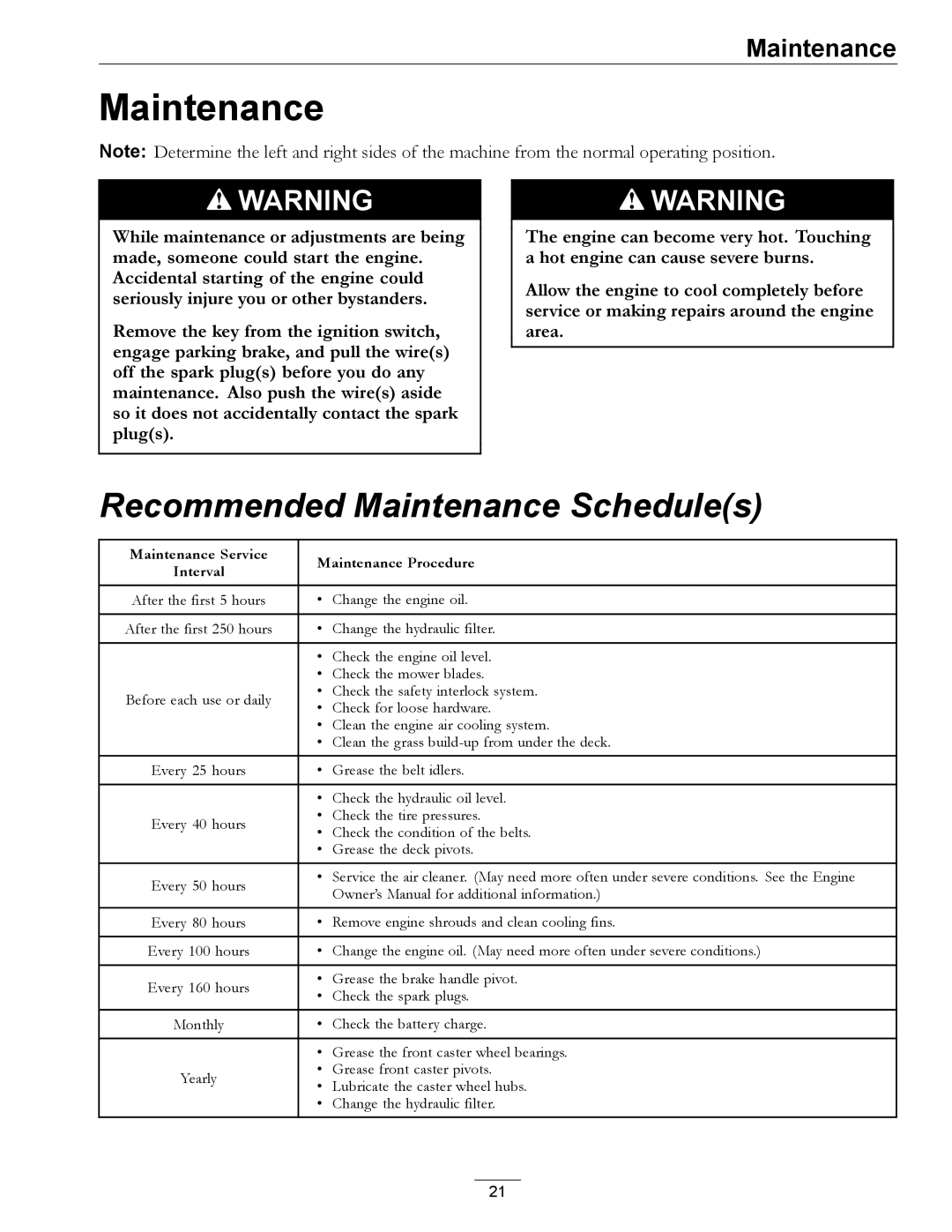 Exmark Phazer manual Recommended Maintenance Schedules 