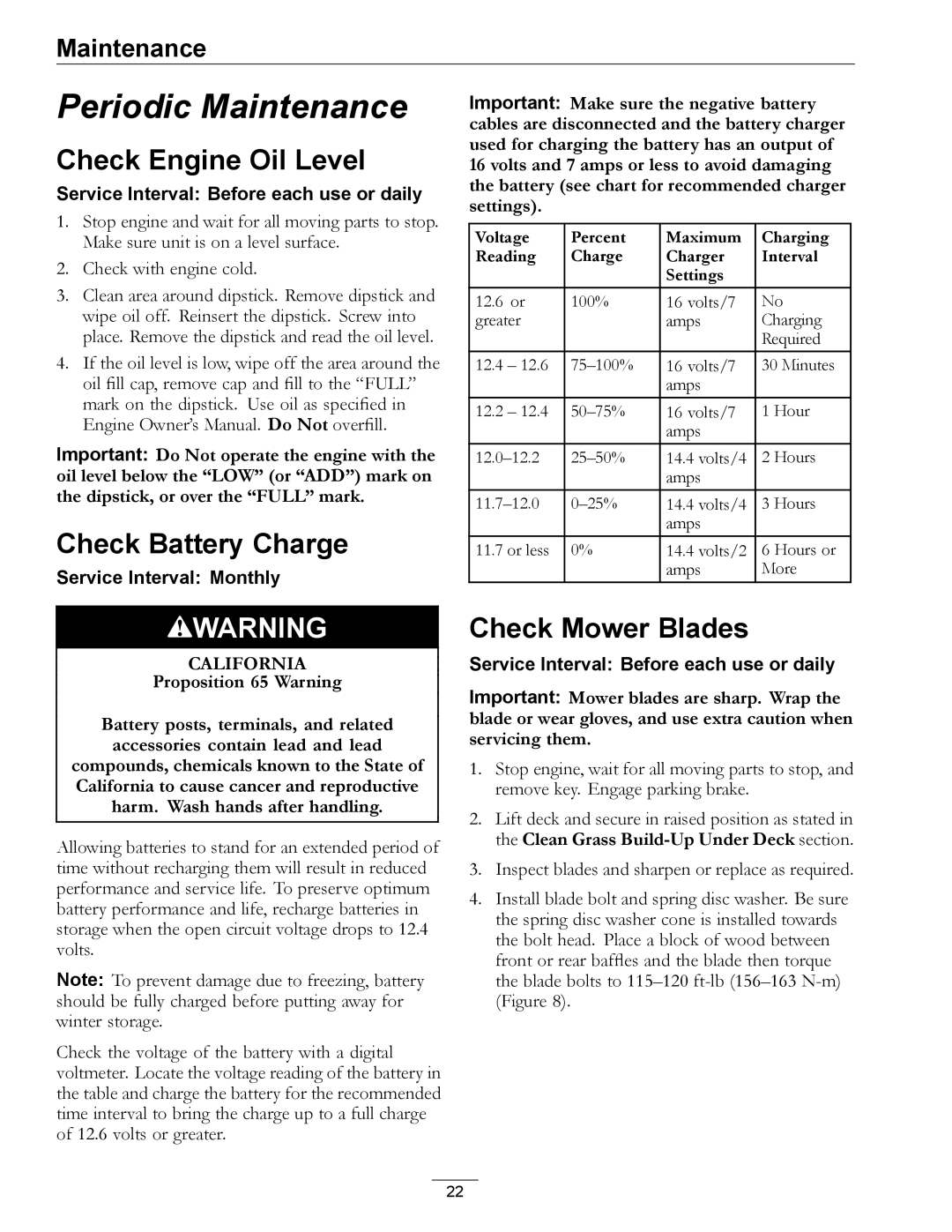 Exmark Phazer manual Check Engine Oil Level, Check Battery Charge, Check Mower Blades 