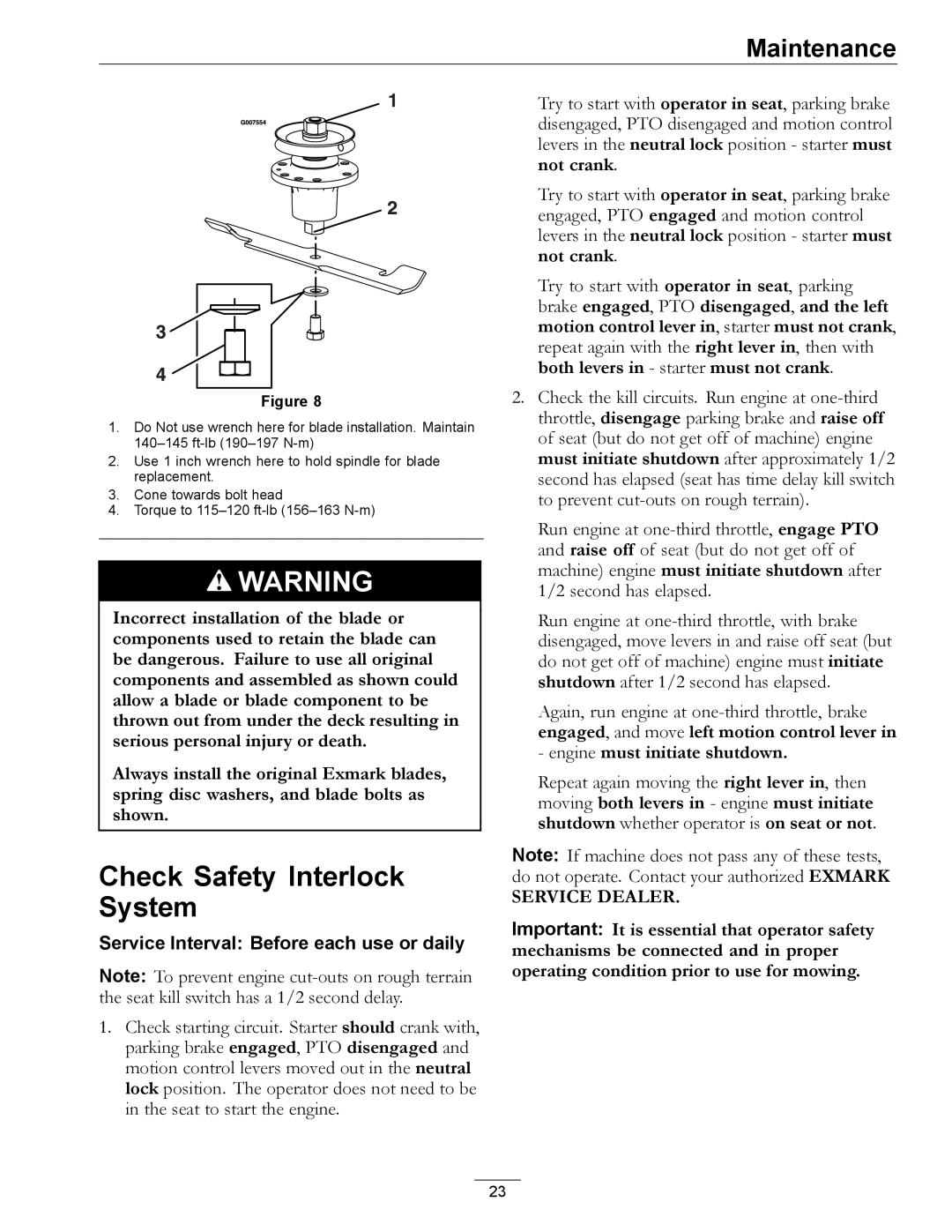 Exmark Phazer manual Check Safety Interlock System, Service Dealer 