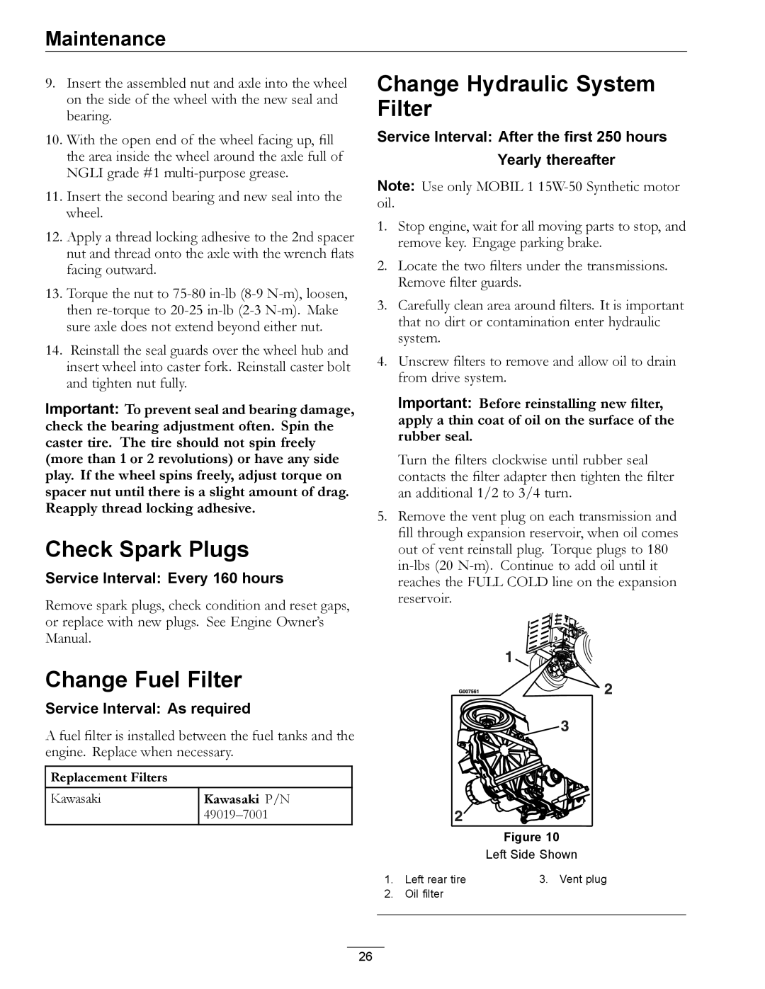 Exmark Phazer manual Check Spark Plugs, Change Fuel Filter, Change Hydraulic System Filter 