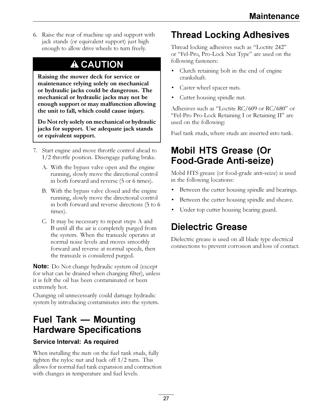 Exmark Phazer manual Fuel Tank Mounting Hardware Specifications, Thread Locking Adhesives, Dielectric Grease 