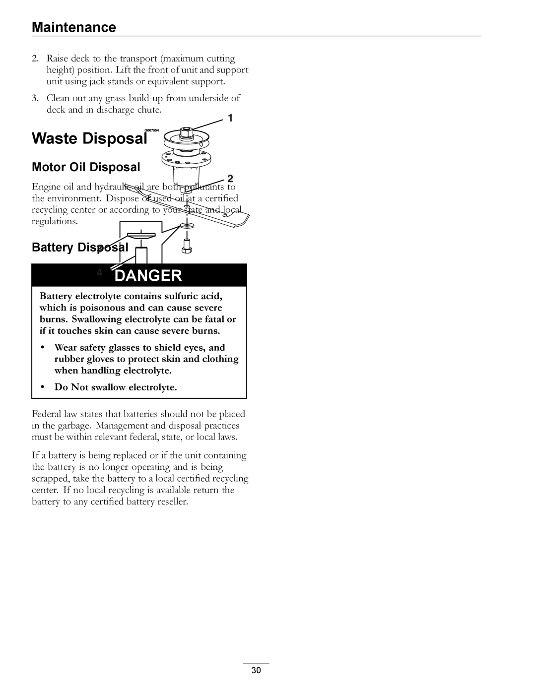 Exmark Phazer manual Waste Disposal, Motor Oil Disposal, Battery Disposal 