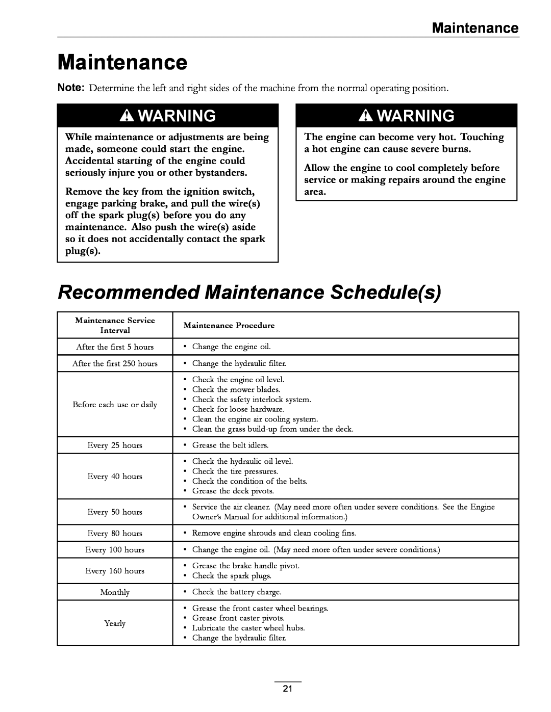 Exmark Phazer manual Recommended Maintenance Schedules 