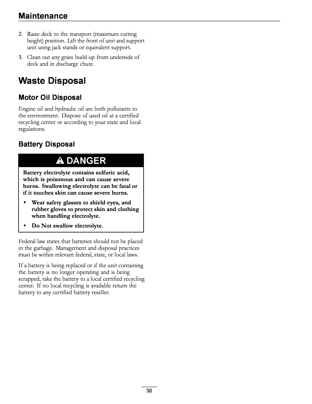 Exmark Phazer manual Waste Disposal, Motor Oil Disposal, Battery Disposal, Do Not swallow electrolyte, Danger, Maintenance 