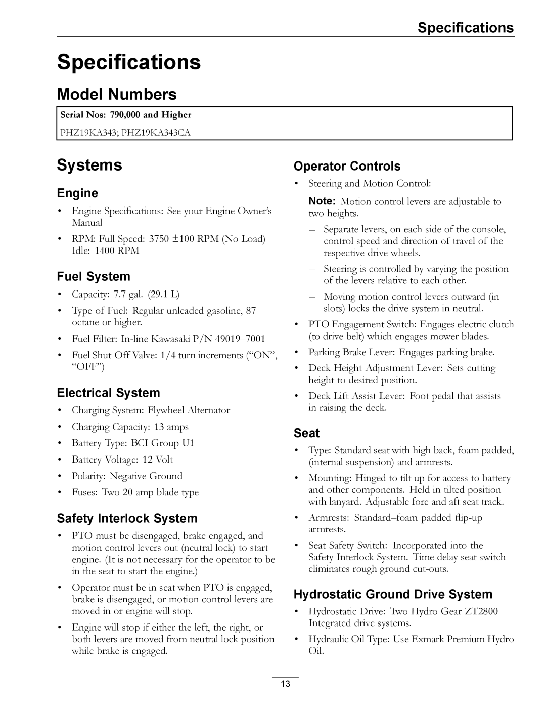 Exmark PHZ19KA343CA manual Specifications, Model Numbers, Systems 