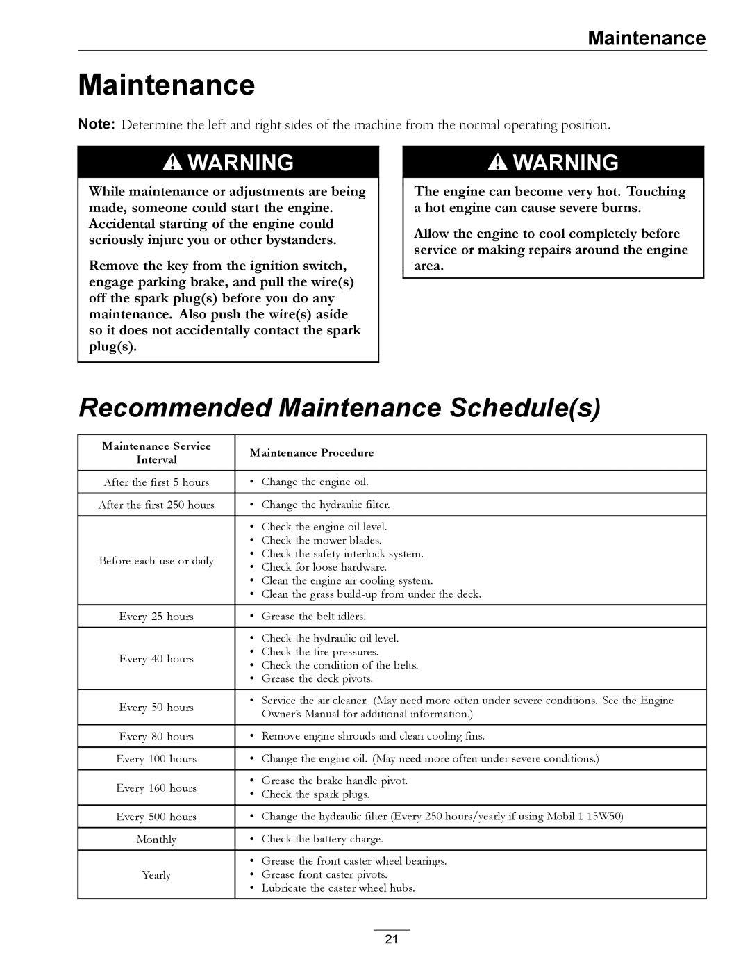 Exmark PHZ19KA343CA manual Recommended Maintenance Schedules 