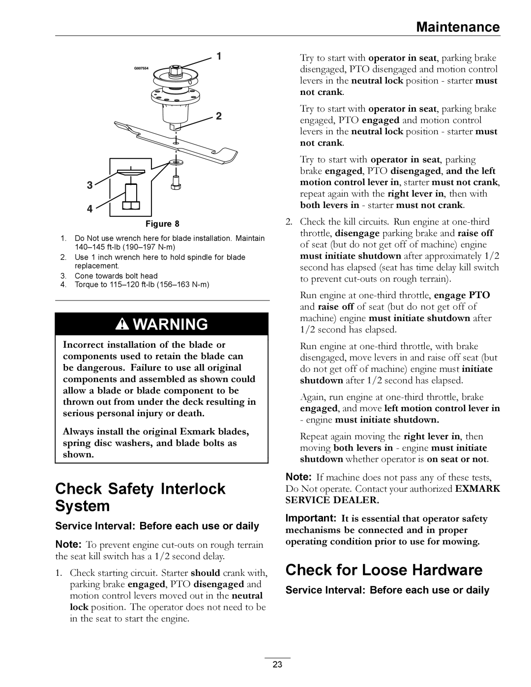 Exmark PHZ19KA343CA manual Check Safety Interlock System, Check for Loose Hardware 