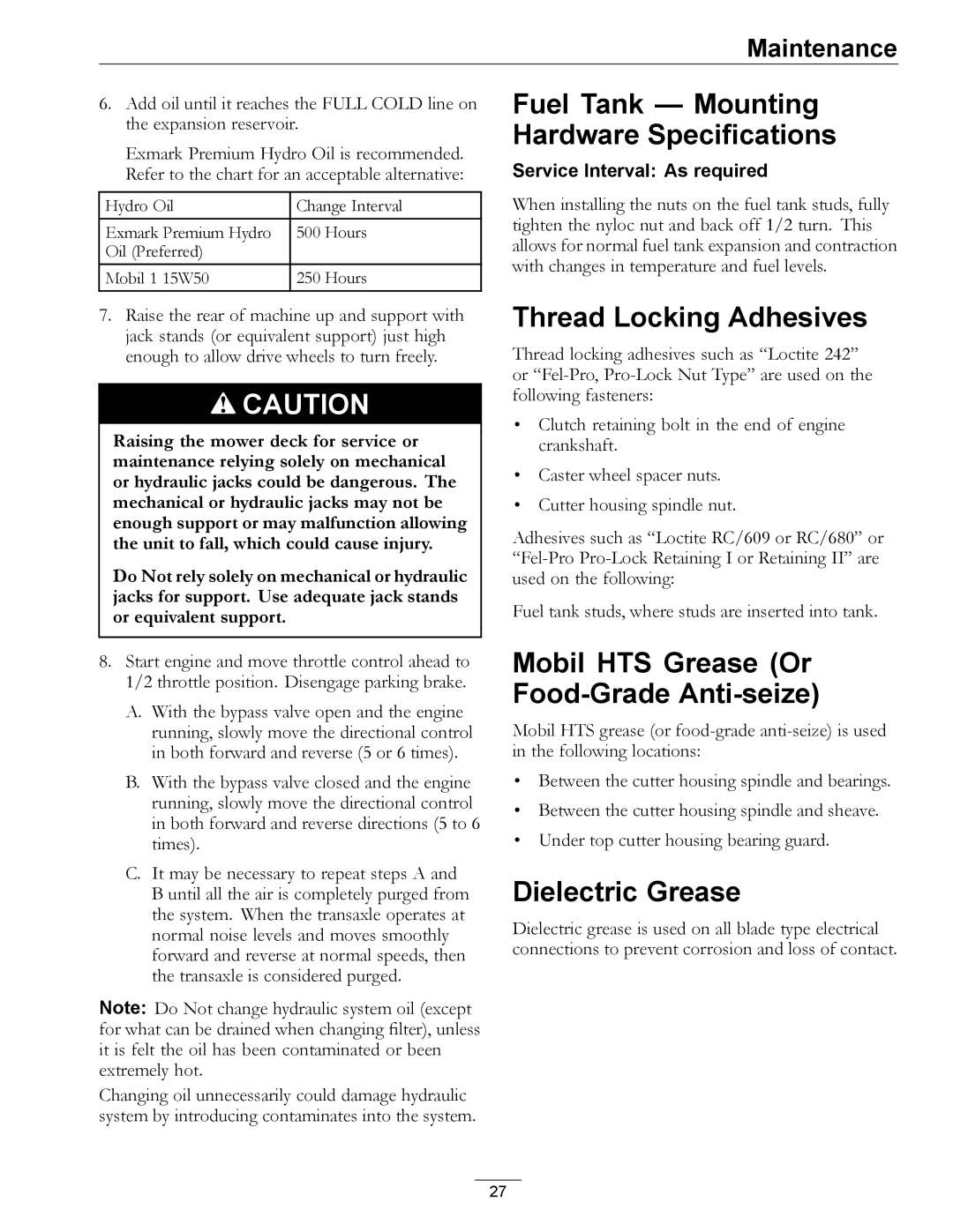 Exmark PHZ19KA343CA manual Fuel Tank Mounting Hardware Specifications, Thread Locking Adhesives, Dielectric Grease 