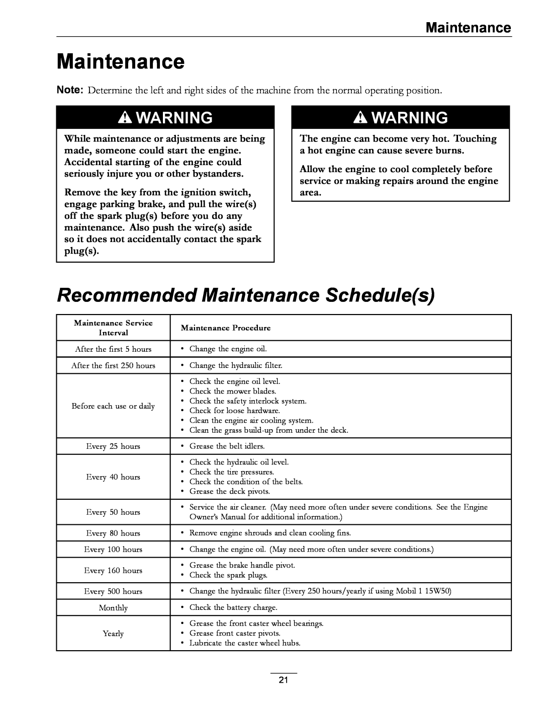 Exmark PHZ19KA343CA manual Recommended Maintenance Schedules 