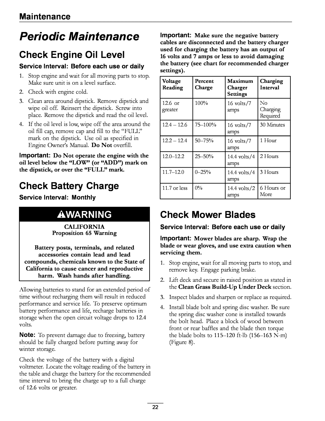 Exmark PHZ19KA343CA manual Periodic Maintenance, Check Engine Oil Level, Check Battery Charge, Check Mower Blades 