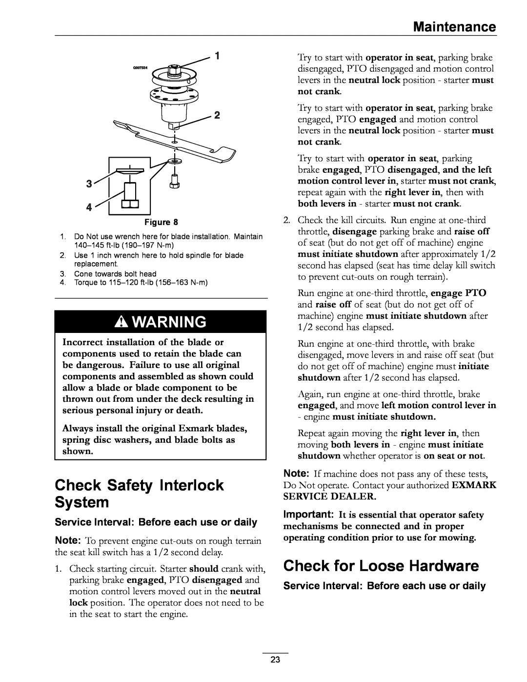 Exmark PHZ19KA343CA manual Check Safety Interlock System, Check for Loose Hardware, Service Dealer, Maintenance 