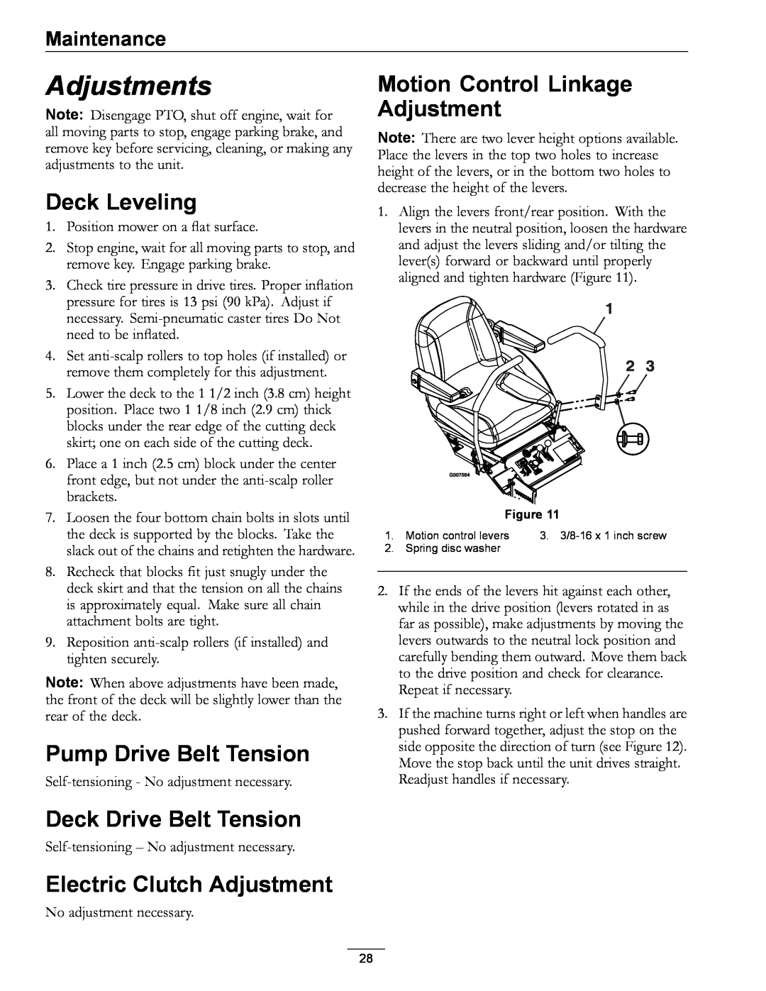 Exmark PHZ19KA343CA manual Adjustments, Deck Leveling, Pump Drive Belt Tension, Deck Drive Belt Tension, Maintenance 