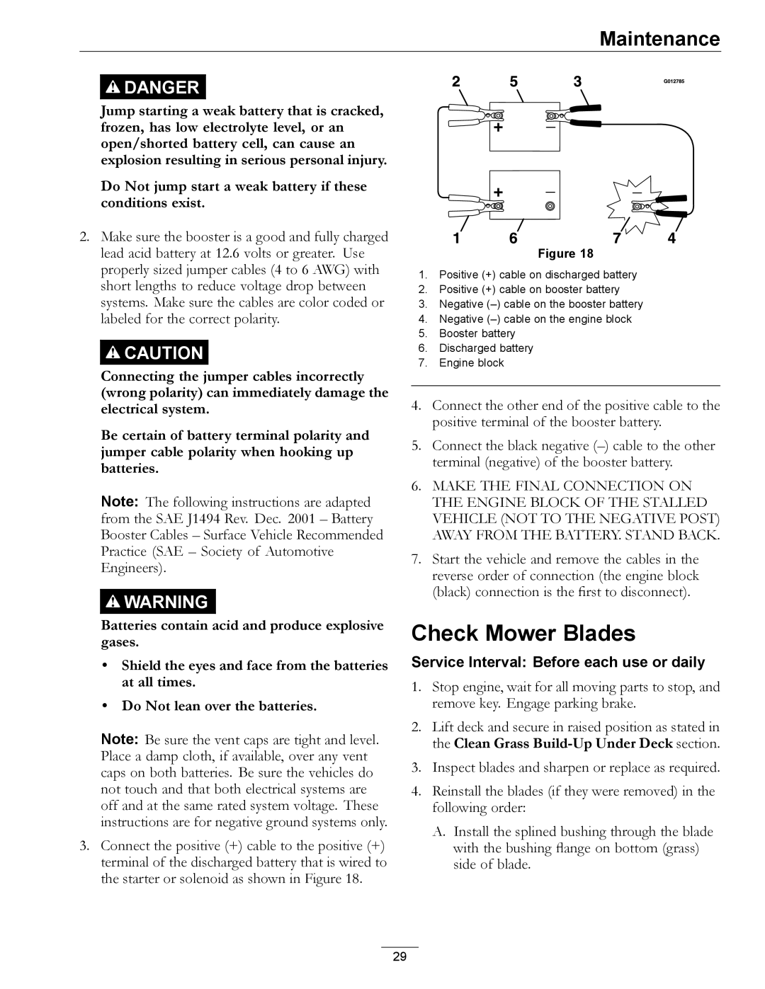 Exmark PNS22KA483, PNS20KA443, PNS24KA523 Check Mower Blades, Do Not jump start a weak battery if these conditions exist 