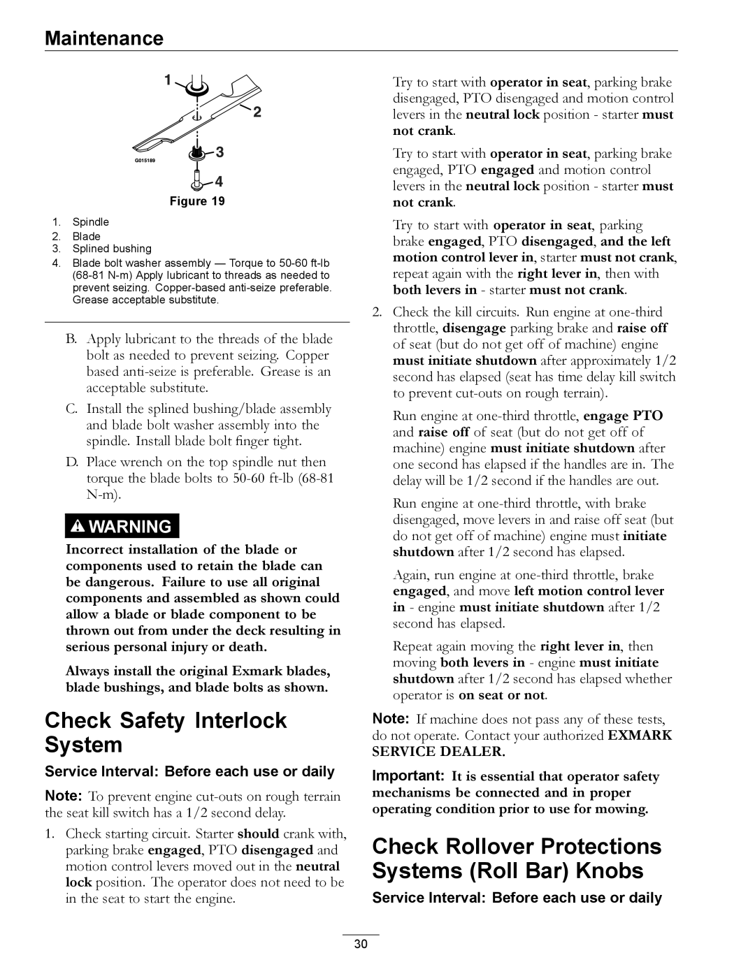 Exmark PNS20KA443, PNS24KA523, PNS22KA483 Check Safety Interlock System, Check Rollover Protections Systems Roll Bar Knobs 