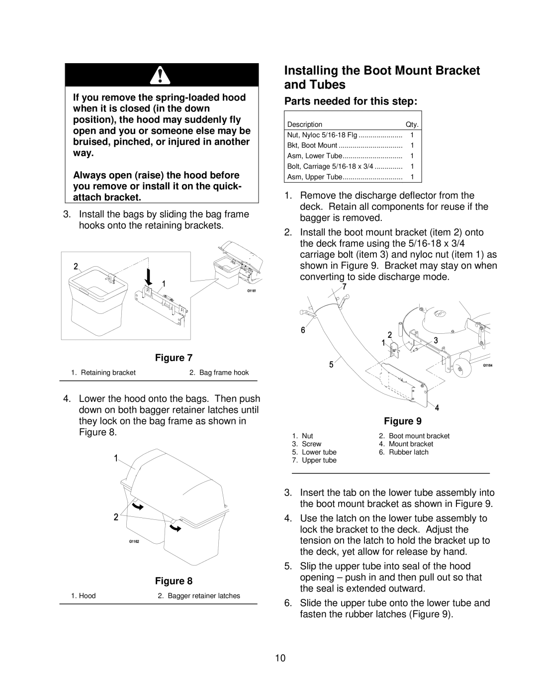 Exmark Quest Bagger manual Installing the Boot Mount Bracket and Tubes 