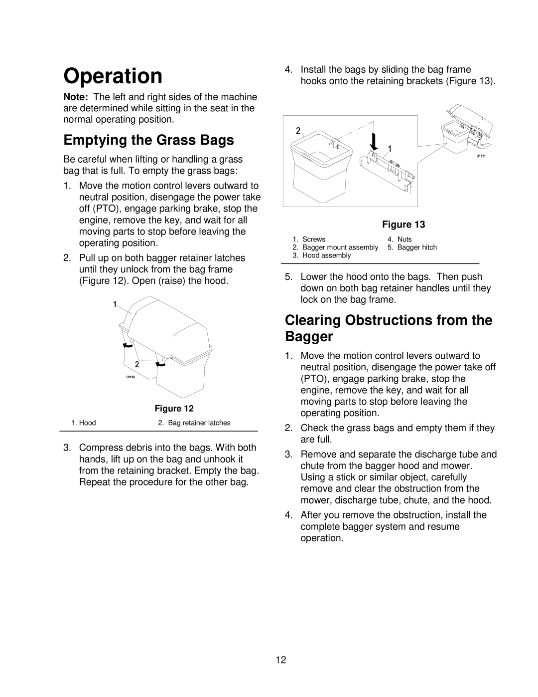 Exmark Quest Bagger manual Operation, Emptying the Grass Bags, Clearing Obstructions from the Bagger 