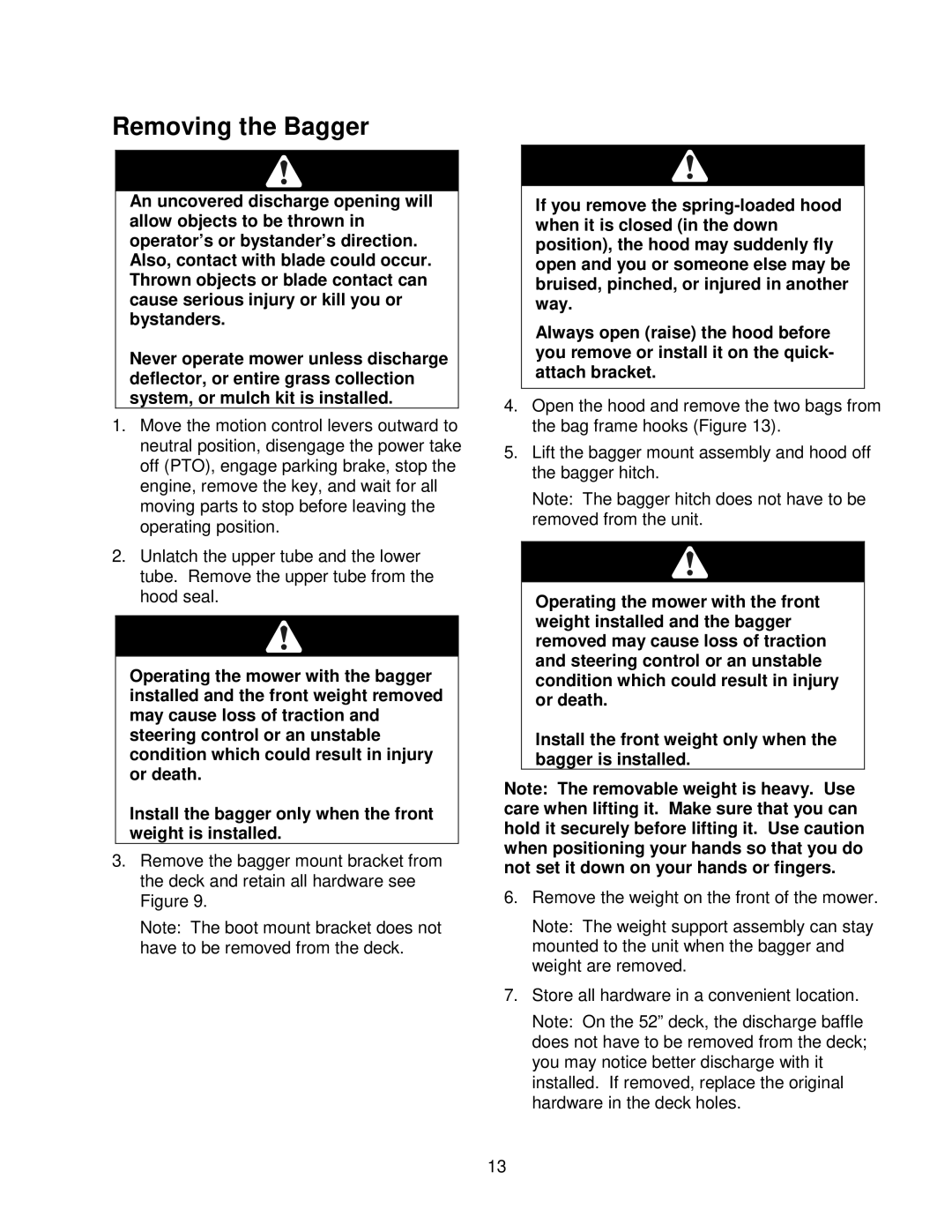 Exmark Quest Bagger manual Removing the Bagger 