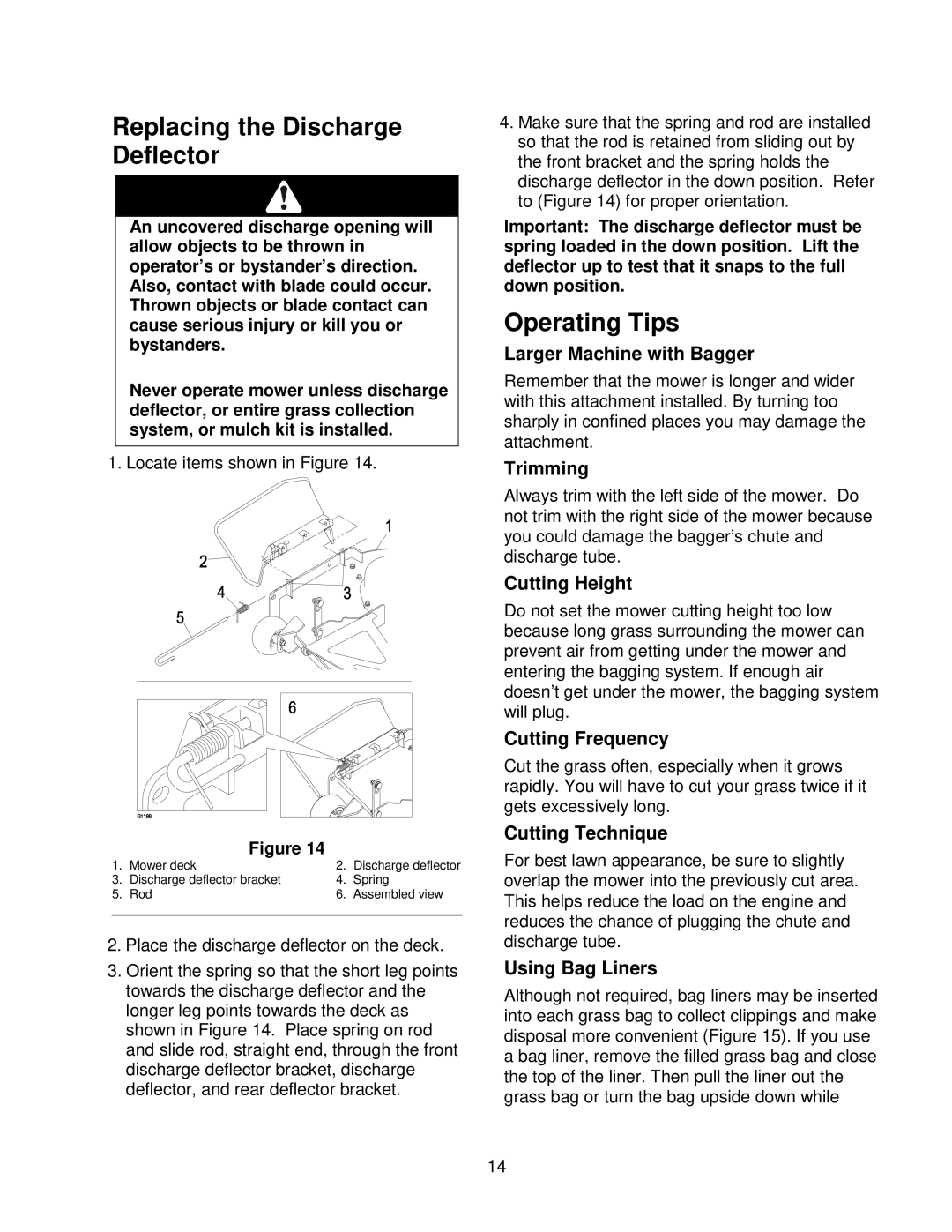 Exmark Quest Bagger manual Replacing the Discharge Deflector, Operating Tips 