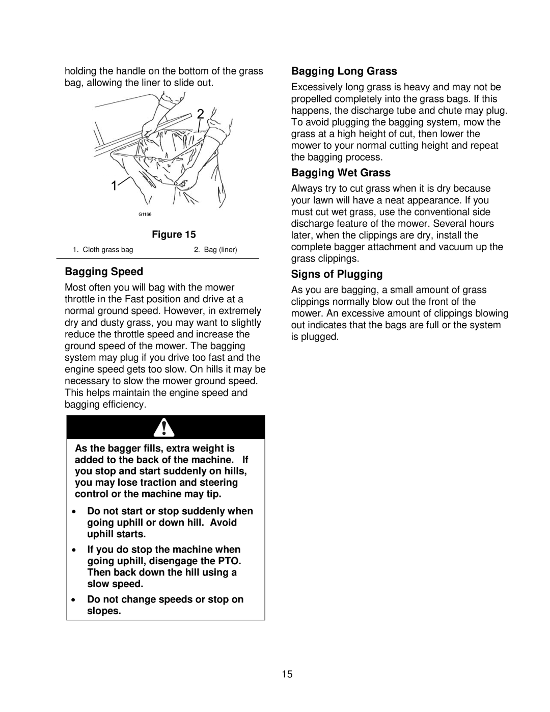 Exmark Quest Bagger manual Bagging Speed, Bagging Long Grass, Bagging Wet Grass, Signs of Plugging 