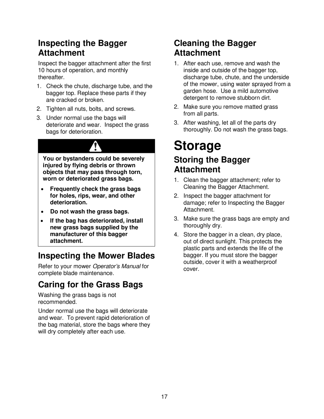 Exmark Quest Bagger manual Storage 