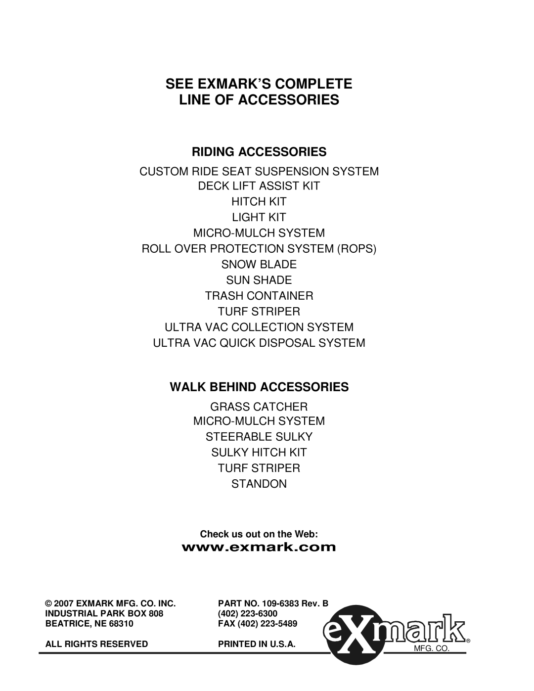 Exmark Quest Bagger manual See EXMARK’S Complete Line of Accessories 