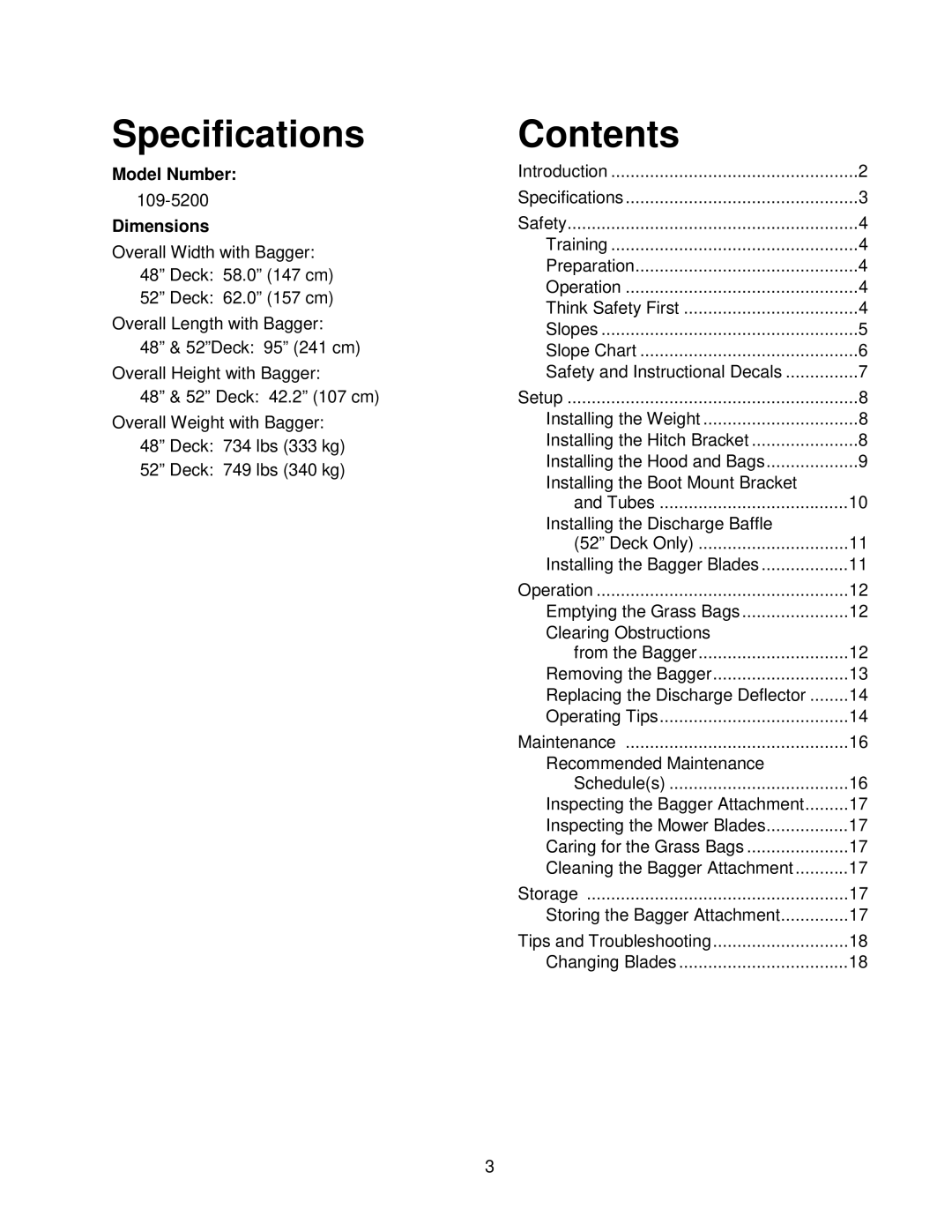 Exmark Quest Bagger manual Specifications, Contents 