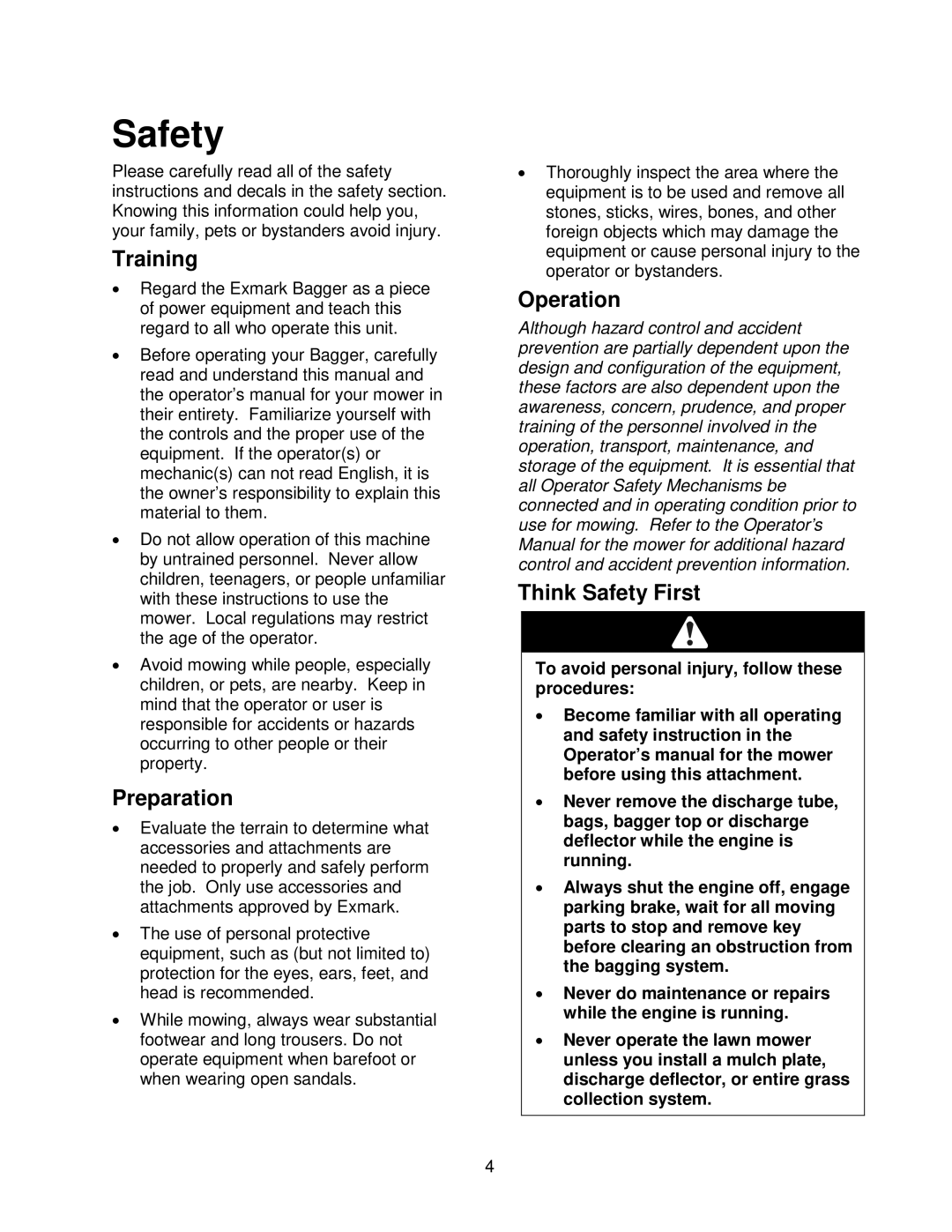 Exmark Quest Bagger manual Training, Preparation, Operation, Think Safety First 