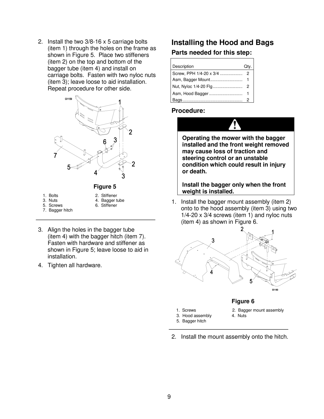 Exmark Quest Bagger manual Installing the Hood and Bags 