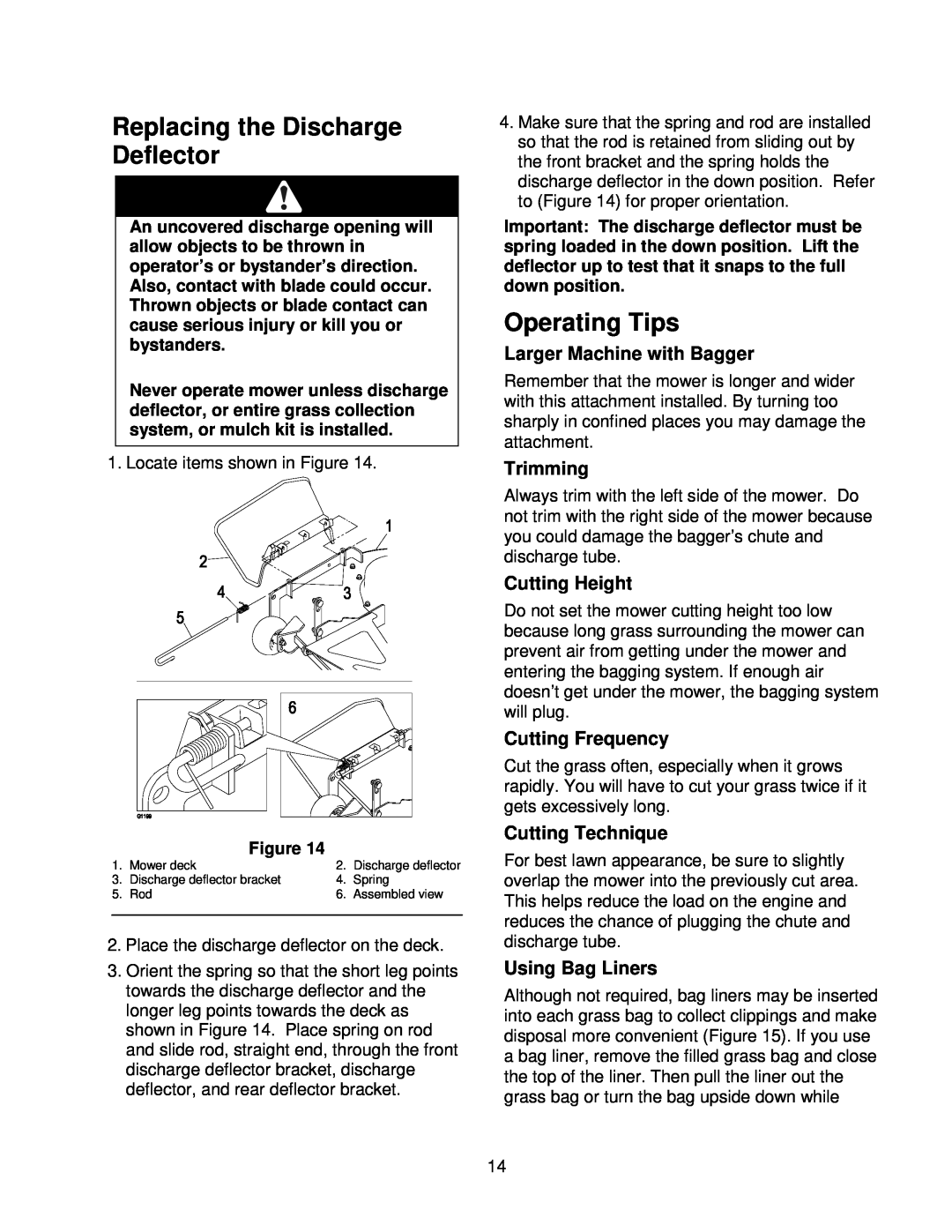 Exmark Quest Bagger manual Replacing the Discharge Deflector, Operating Tips, Larger Machine with Bagger, Trimming 