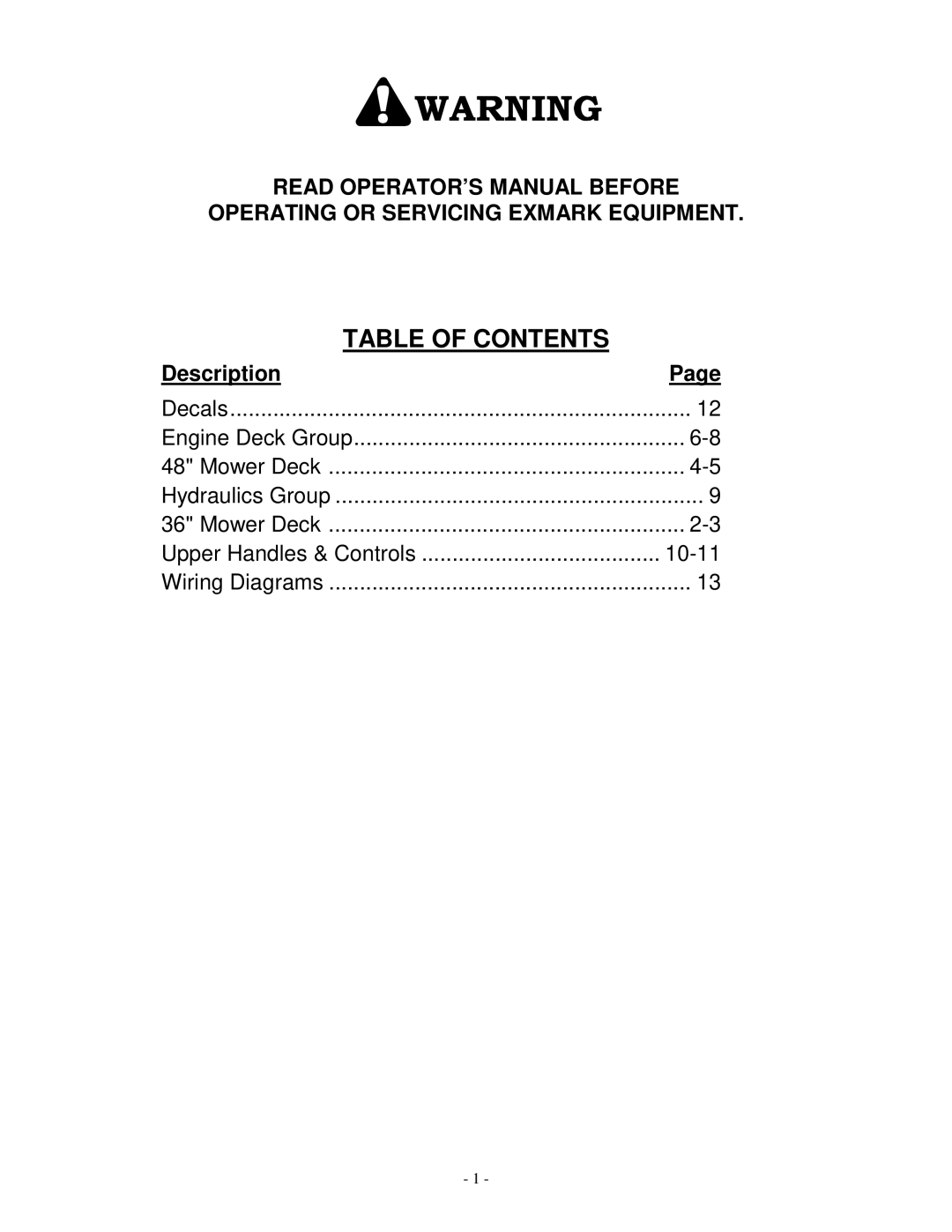 Exmark Self Propelled Mower manual Table of Contents 