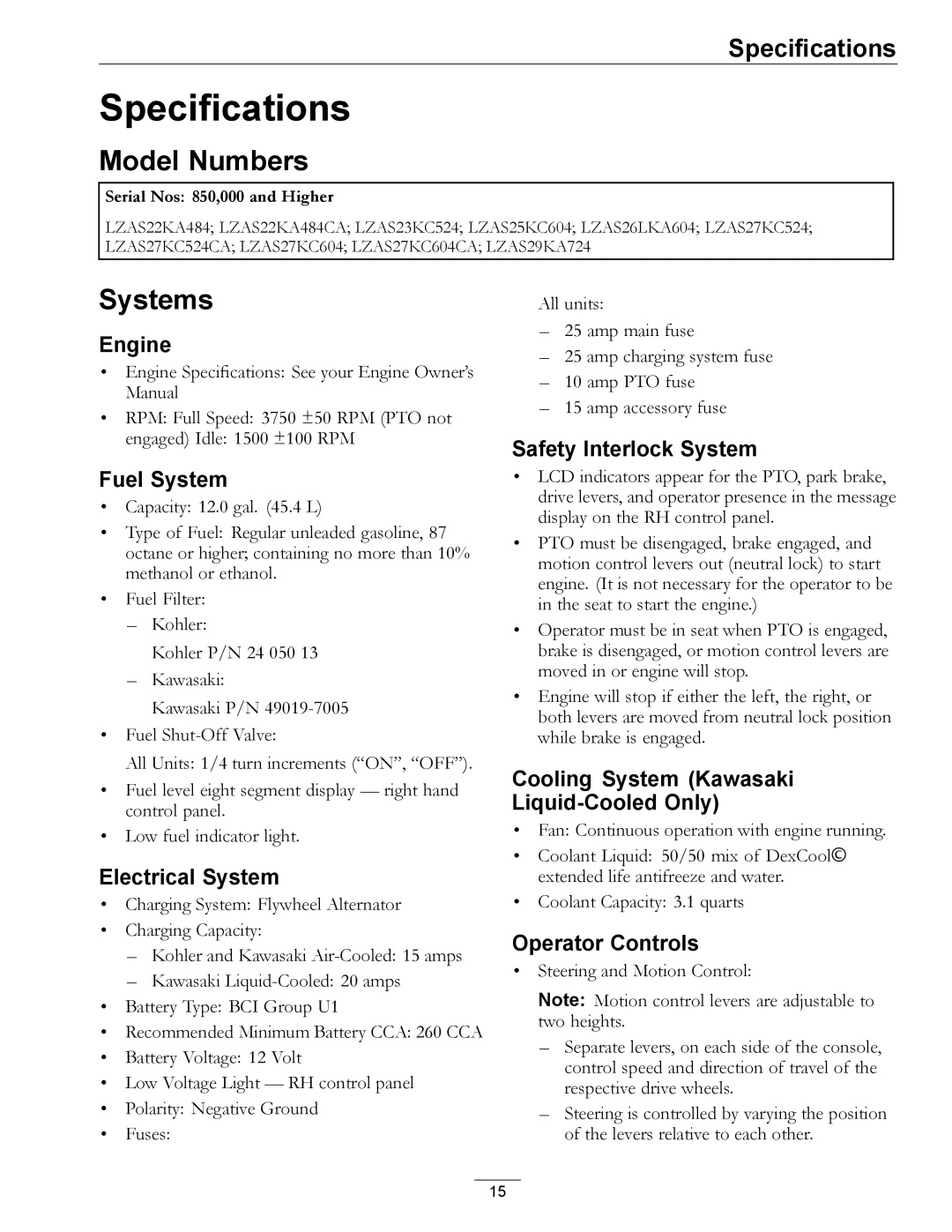 Exmark Series X manual Specifications, Model Numbers, Systems 